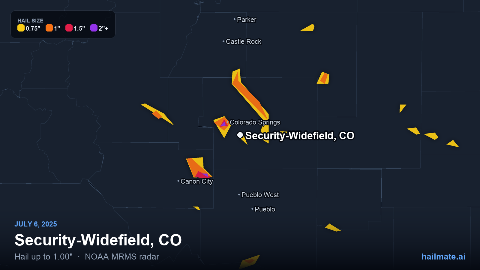 Hail swath map for Security-Widefield, CO on July 6, 2025 showing 1.00 inch hail.