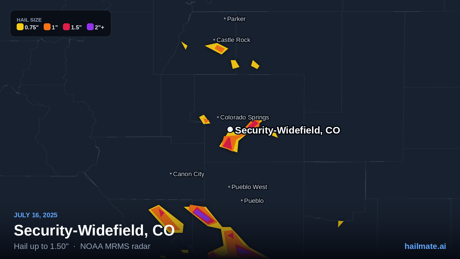 Hail swath map for Security-Widefield, CO on July 16, 2025 showing 1.50 inch hail.