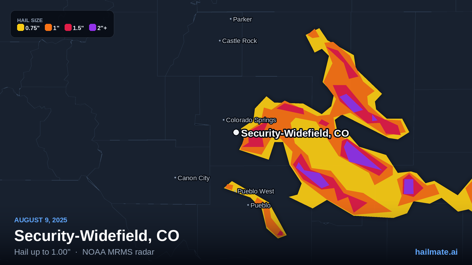 Hail swath map for Security-Widefield, CO on August 9, 2025 showing 1.00 inch hail.