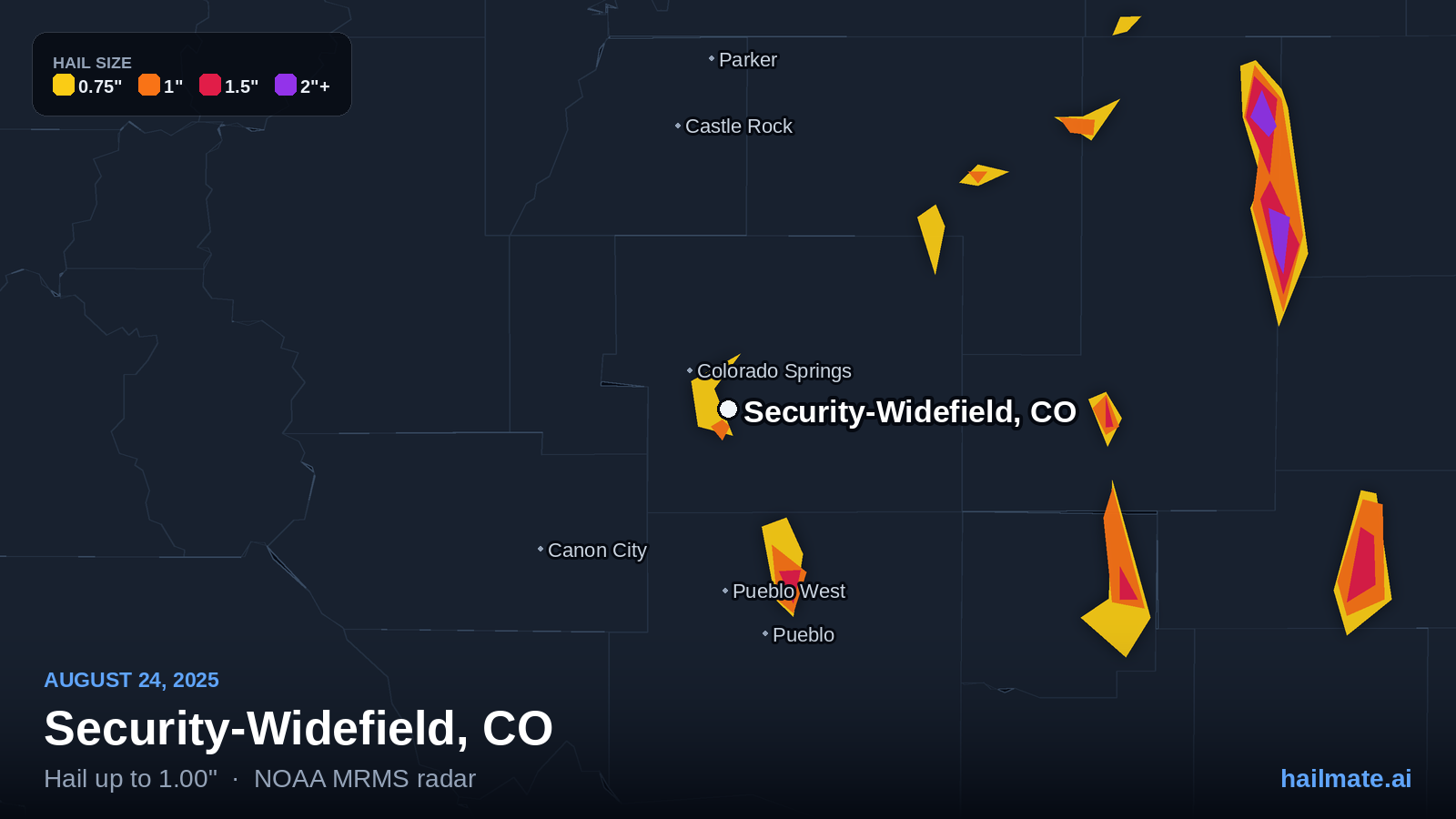 Hail swath map for Security-Widefield, CO on August 24, 2025 showing 1.00 inch hail.