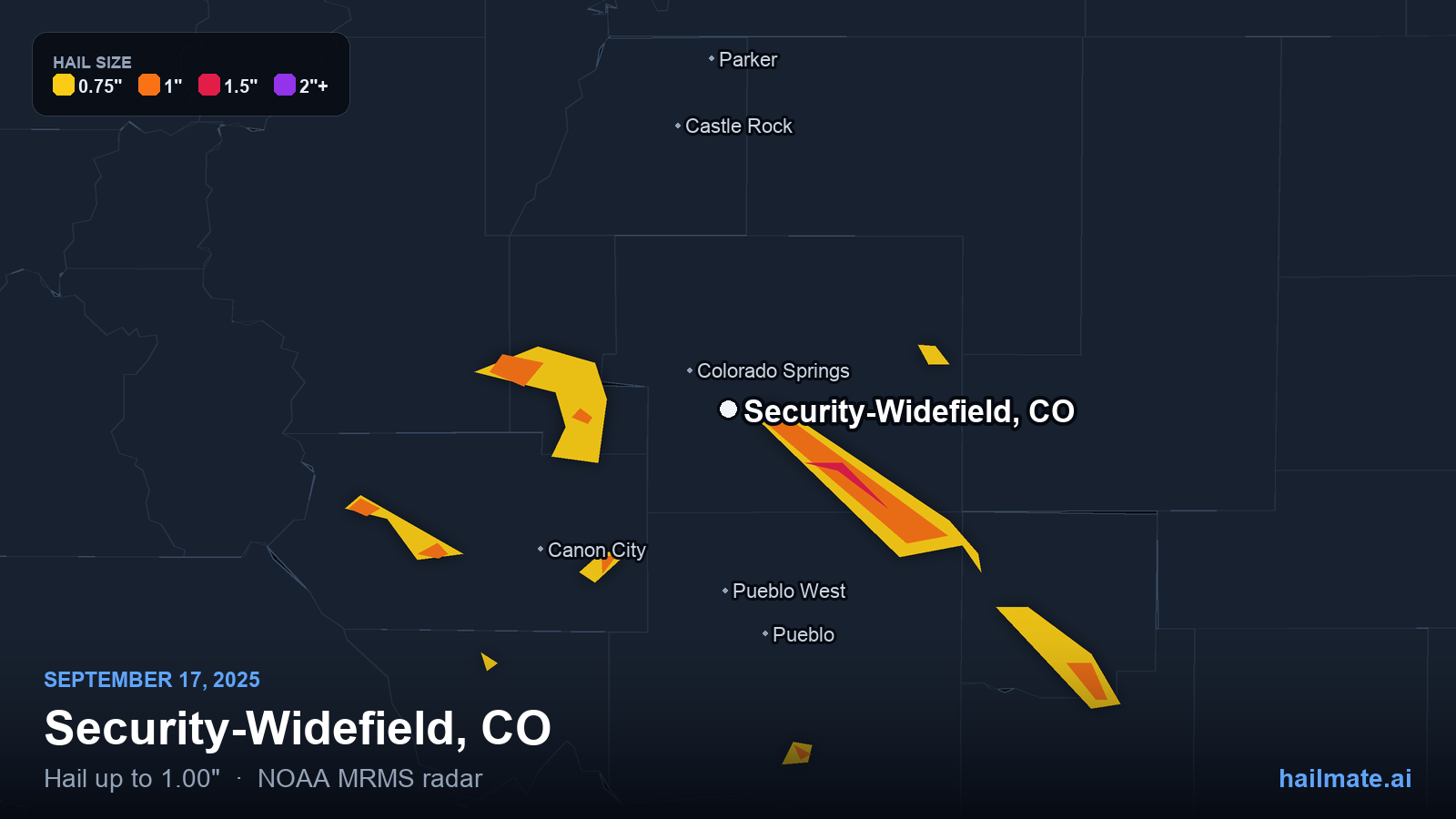 Hail swath map for Security-Widefield, CO on September 17, 2025 showing 1.00 inch hail.