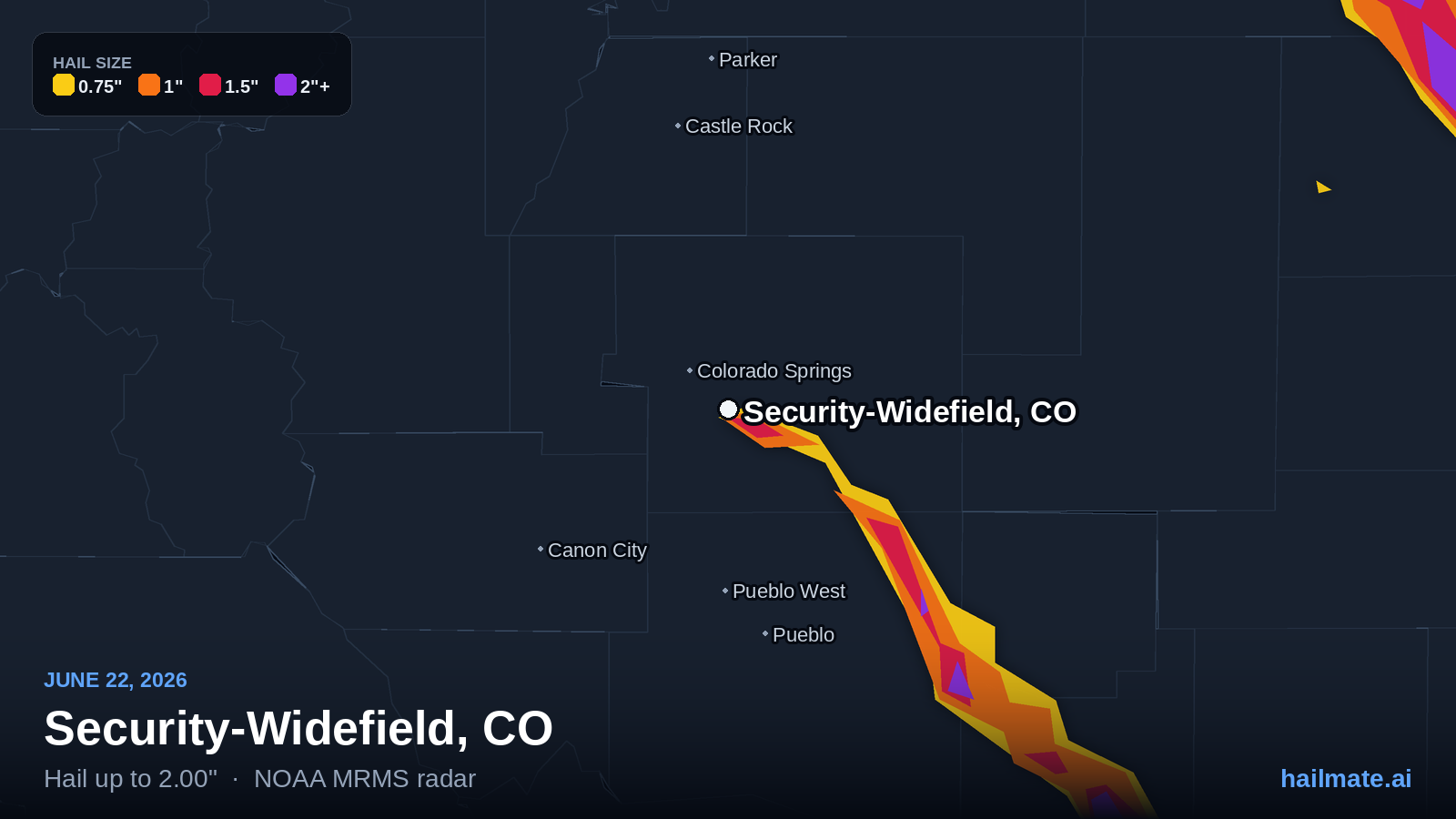 Hail swath map for Security-Widefield, CO on June 22, 2026 showing 2.00 inch hail.