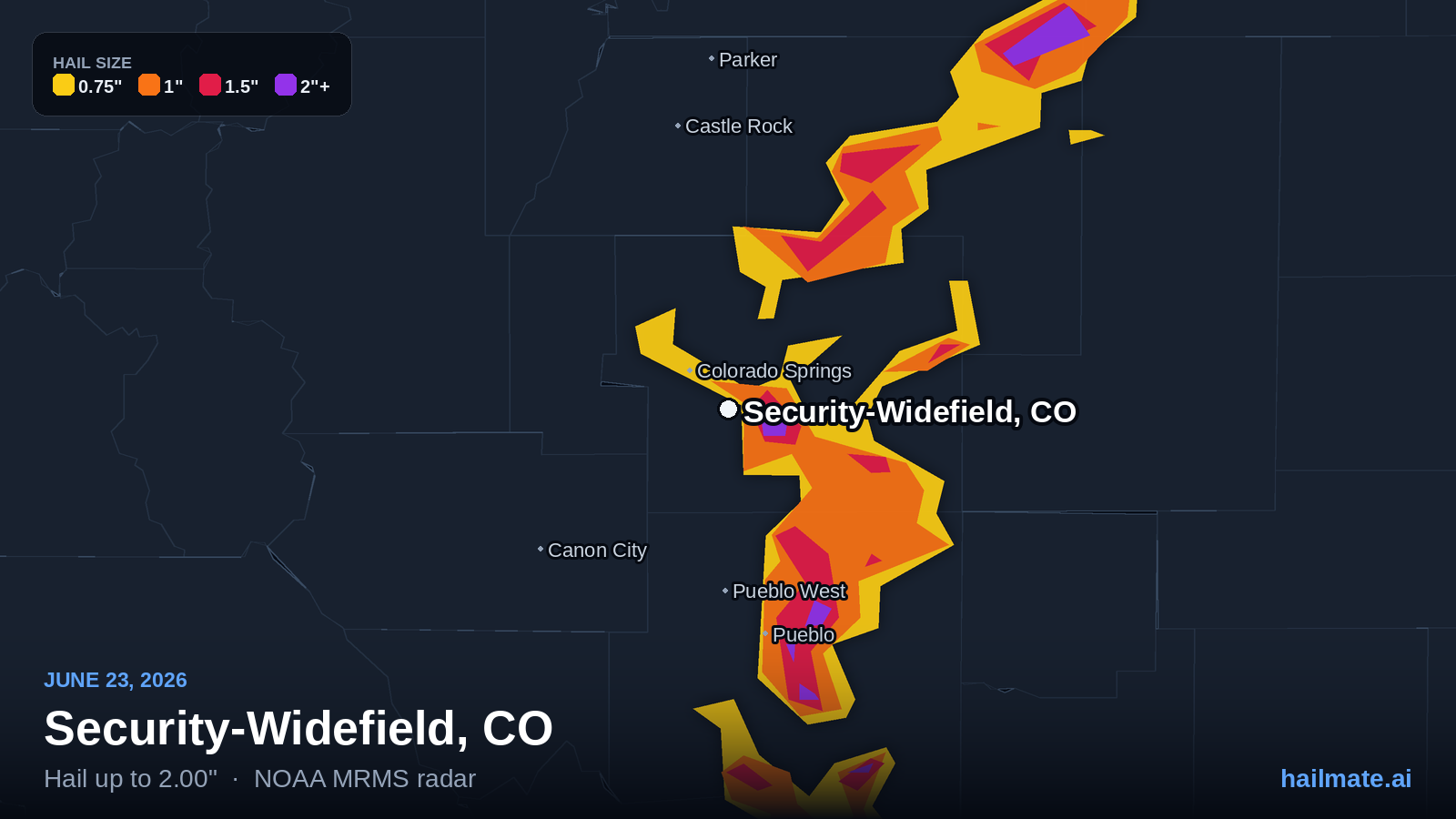 Hail swath map for Security-Widefield, CO on June 23, 2026 showing 2.00 inch hail.