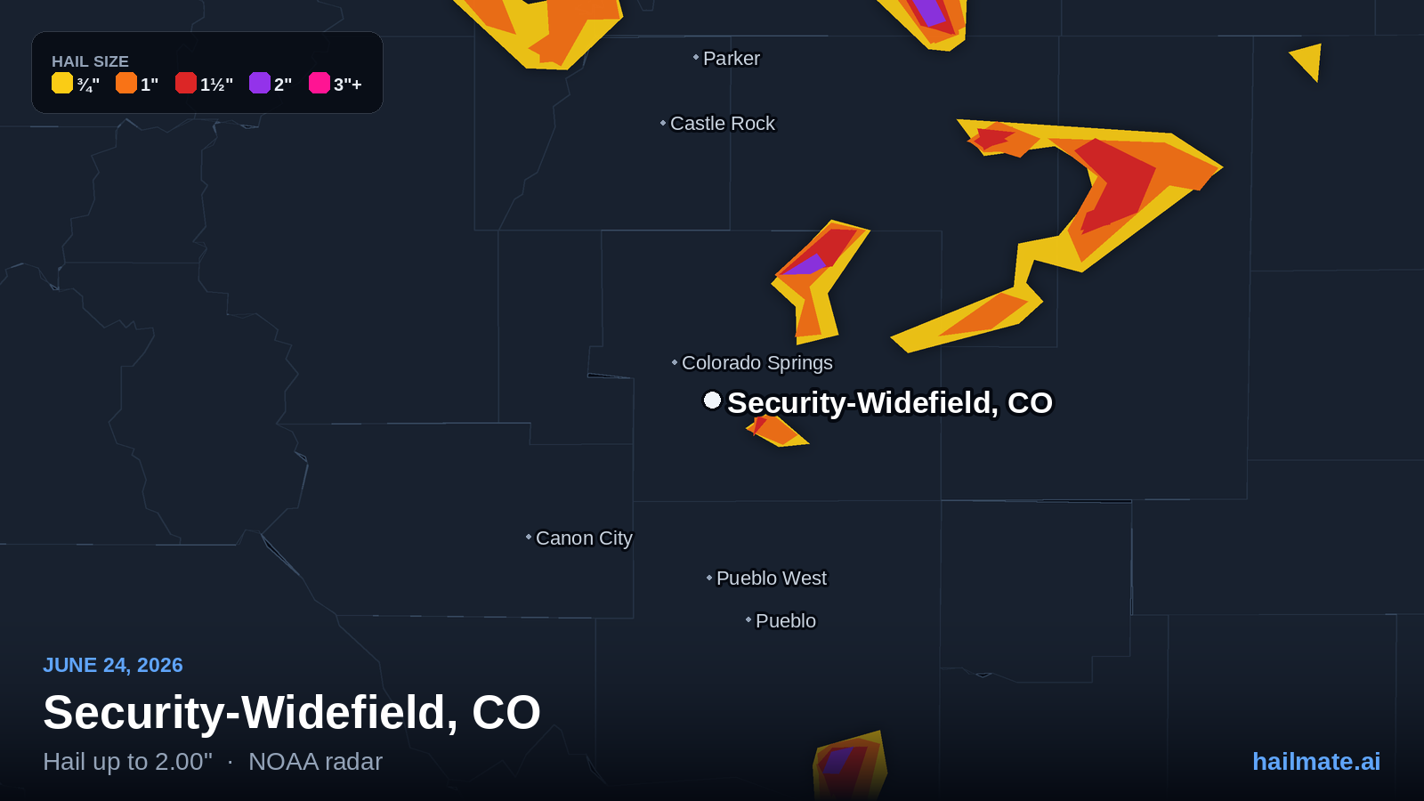 Hail swath map for Security-Widefield, CO on June 24, 2026 showing 2.00 inch hail.