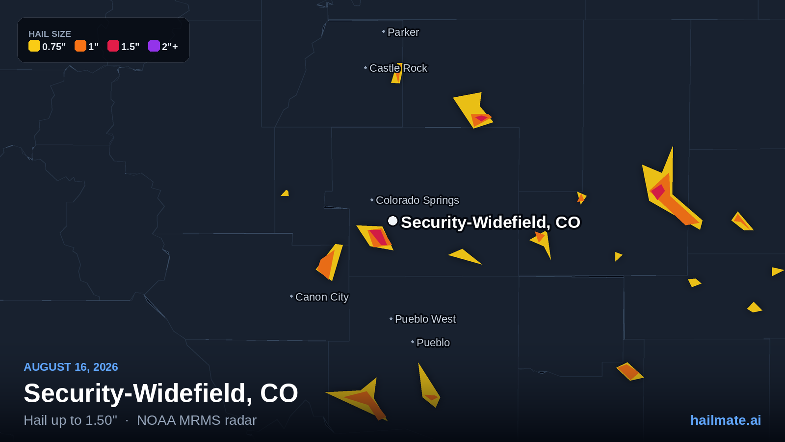 Hail swath map for Security-Widefield, CO on August 16, 2026 showing 1.50 inch hail.