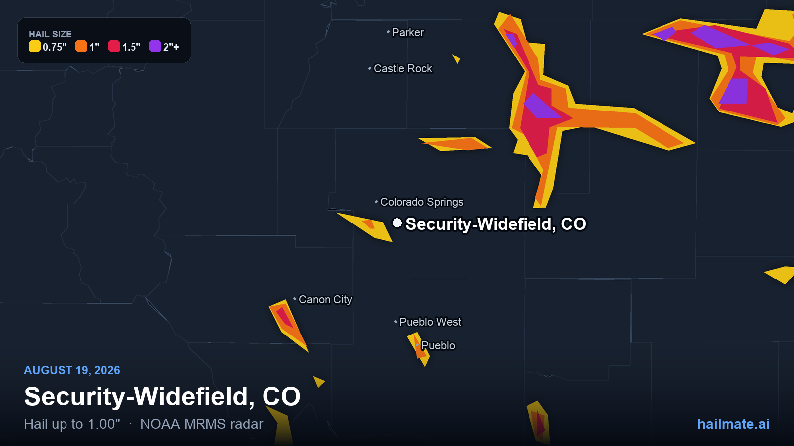 Hail swath map for Security-Widefield, CO on August 19, 2026 showing 1.00 inch hail.