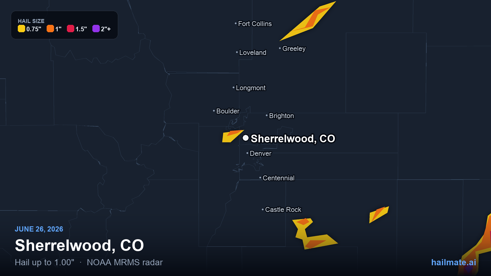Hail swath map for Sherrelwood, CO on June 26, 2026 showing 1.00 inch hail.