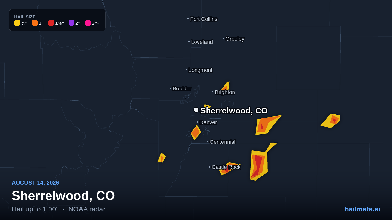 Hail swath map for Sherrelwood, CO on August 14, 2026 showing 1.00 inch hail.