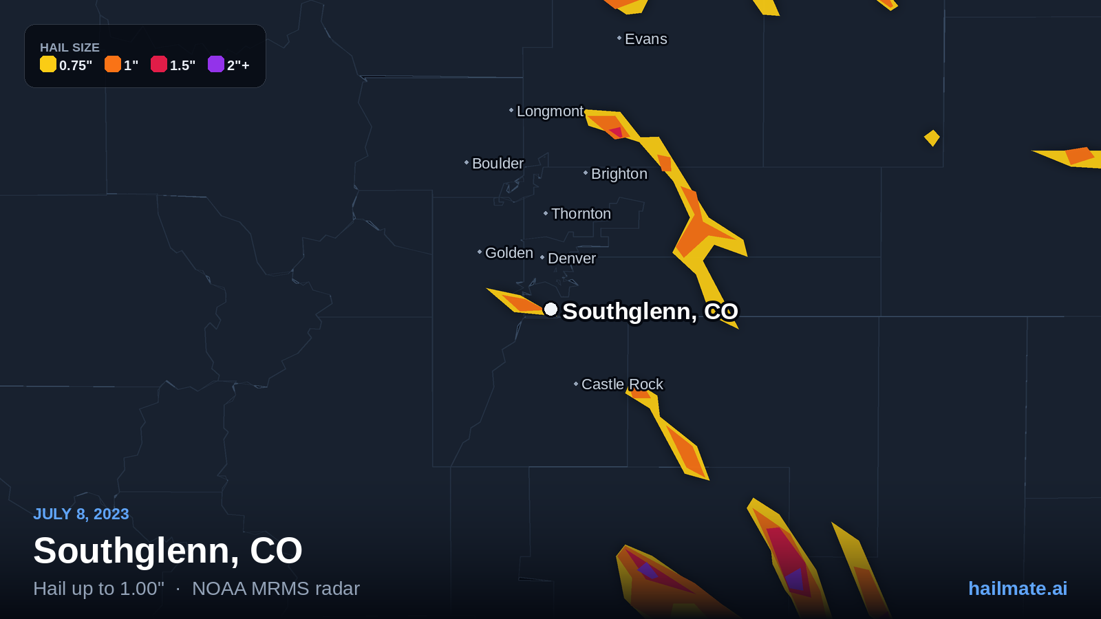 Hail swath map for Southglenn, CO on July 8, 2023 showing 1.00 inch hail.