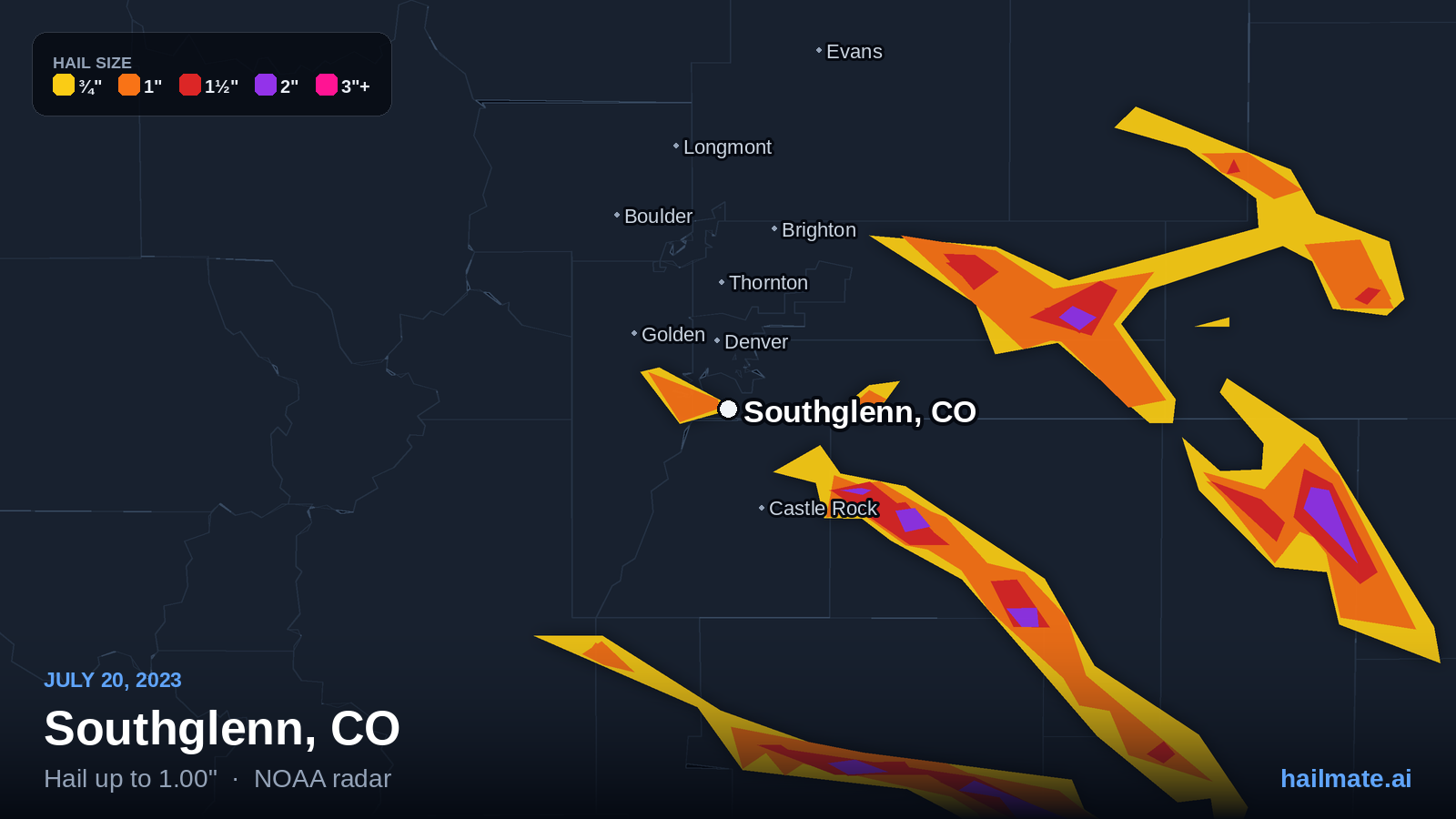 Hail swath map for Southglenn, CO on July 20, 2023 showing 1.00 inch hail.
