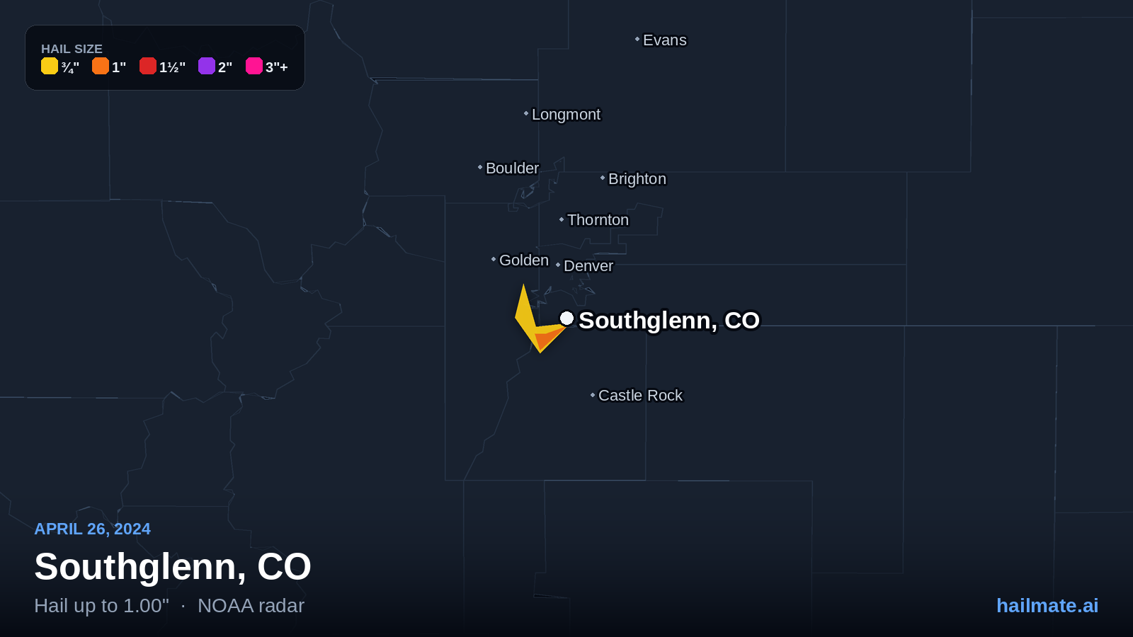 Hail swath map for Southglenn, CO on April 26, 2024 showing 1.00 inch hail.