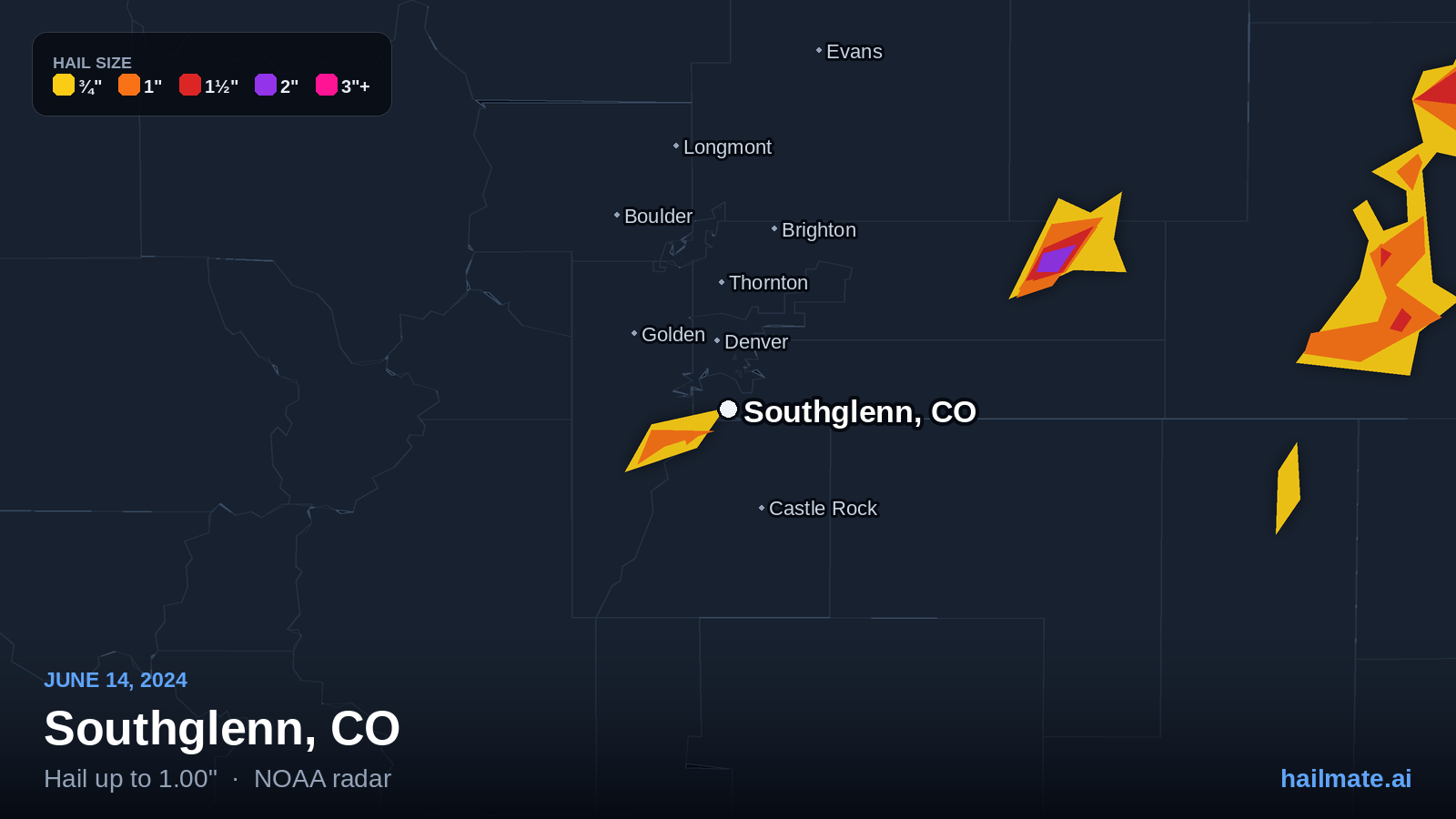 Hail swath map for Southglenn, CO on June 14, 2024 showing 1.00 inch hail.