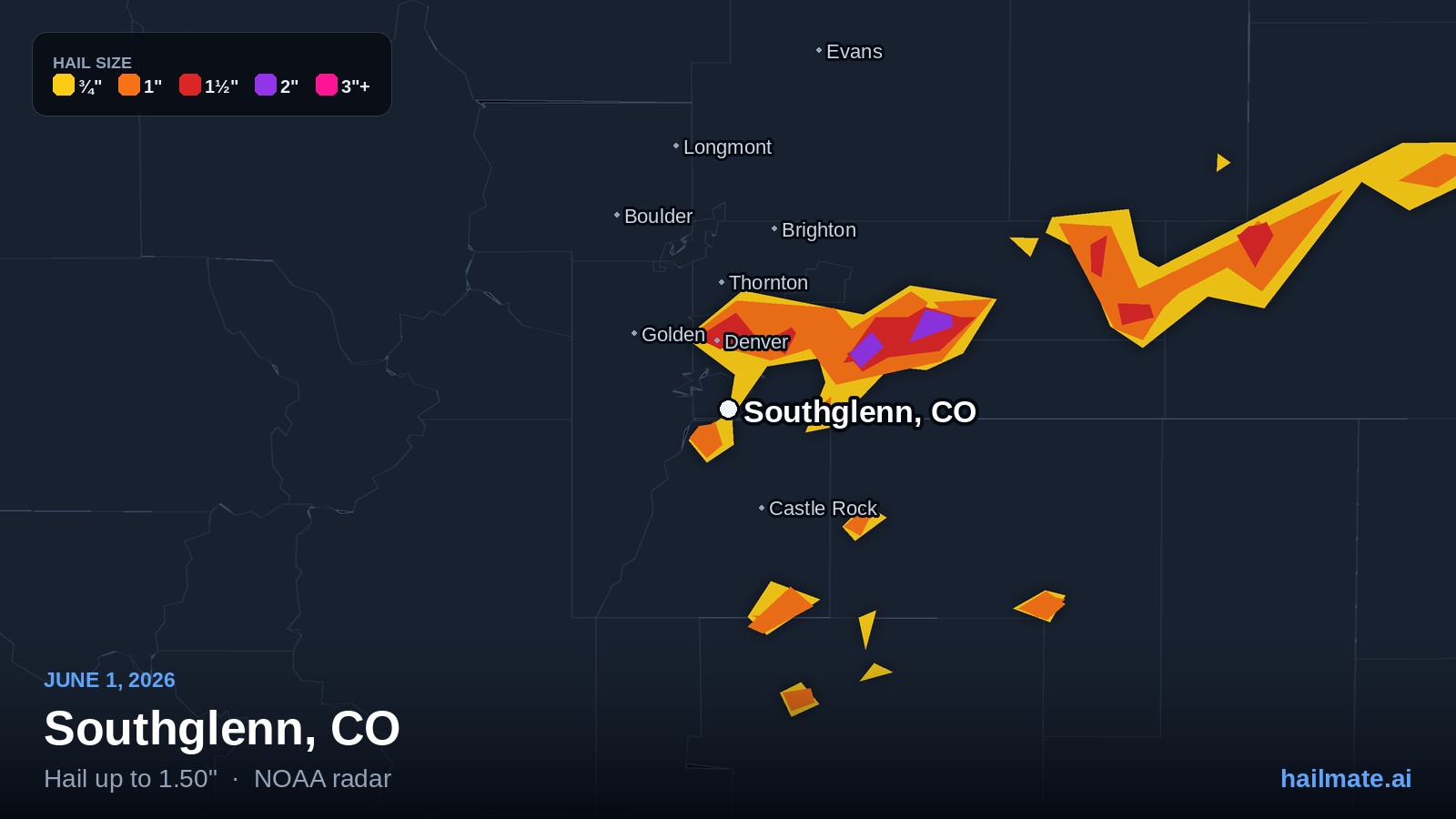 Hail swath map for Southglenn, CO on June 1, 2026 showing 1.50 inch hail.