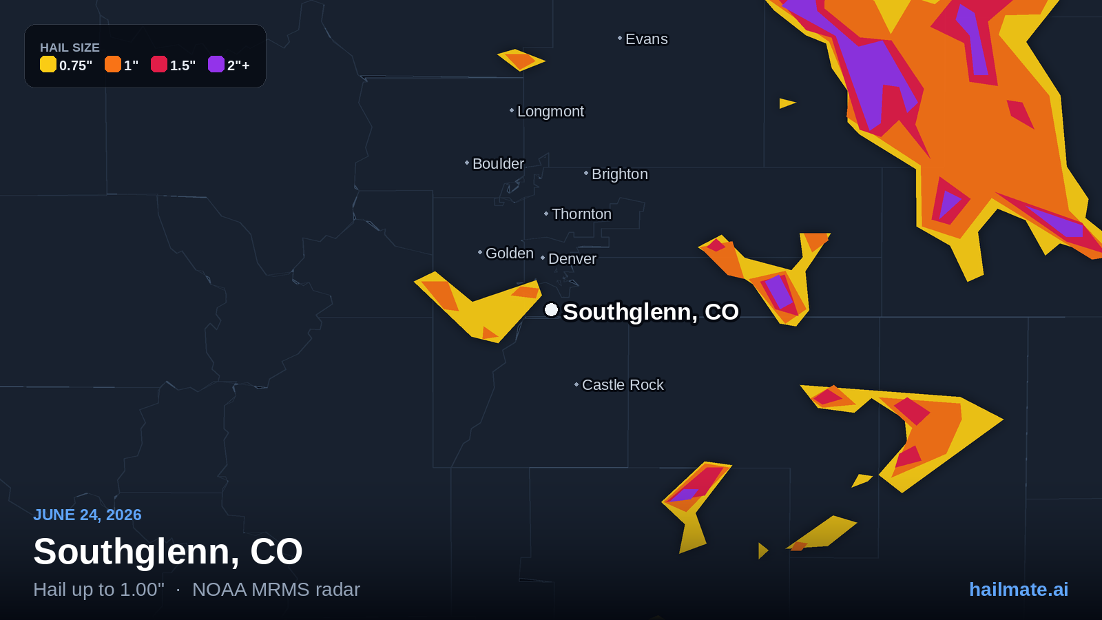 Hail swath map for Southglenn, CO on June 24, 2026 showing 1.00 inch hail.
