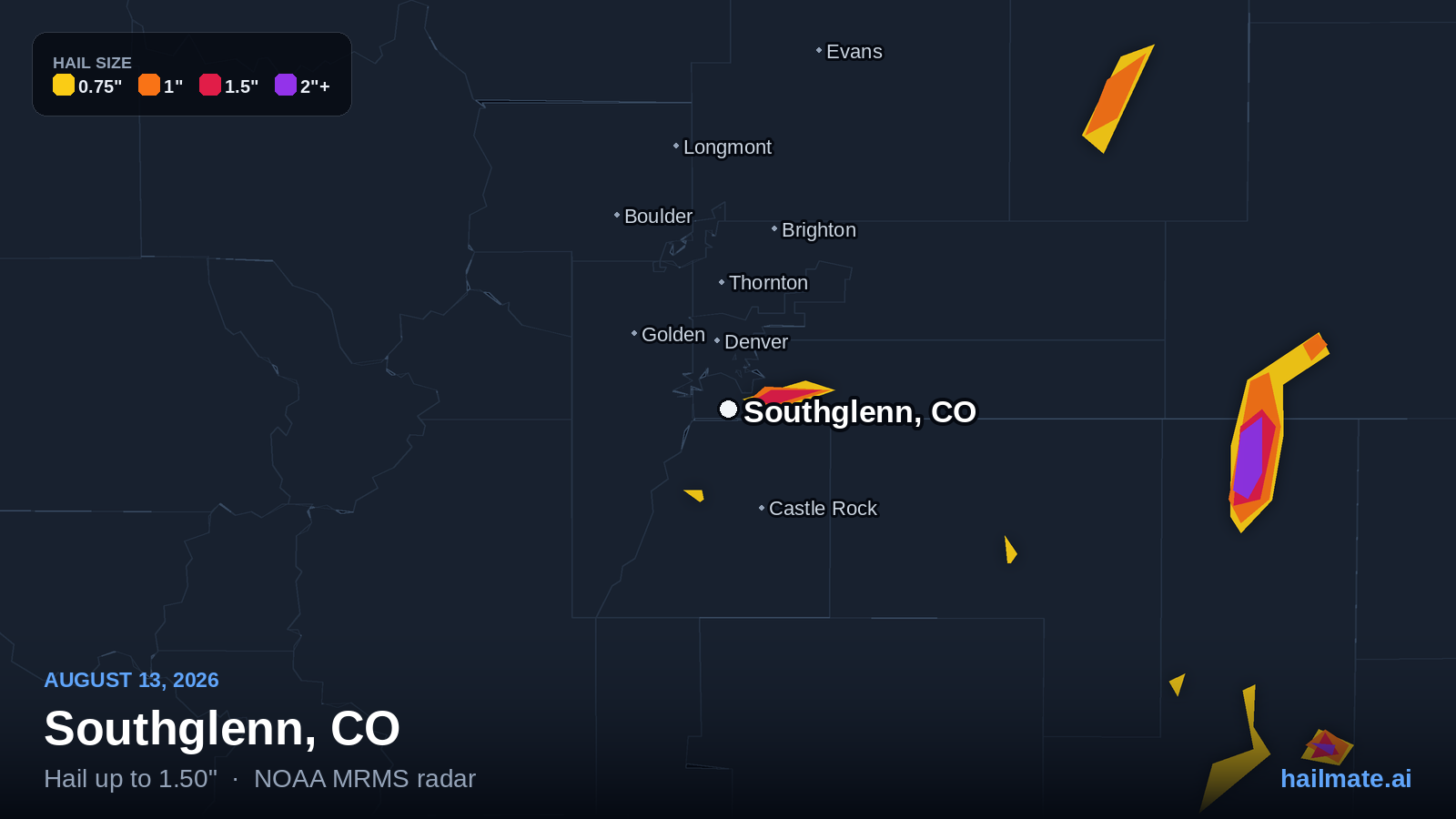 Hail swath map for Southglenn, CO on August 13, 2026 showing 1.50 inch hail.