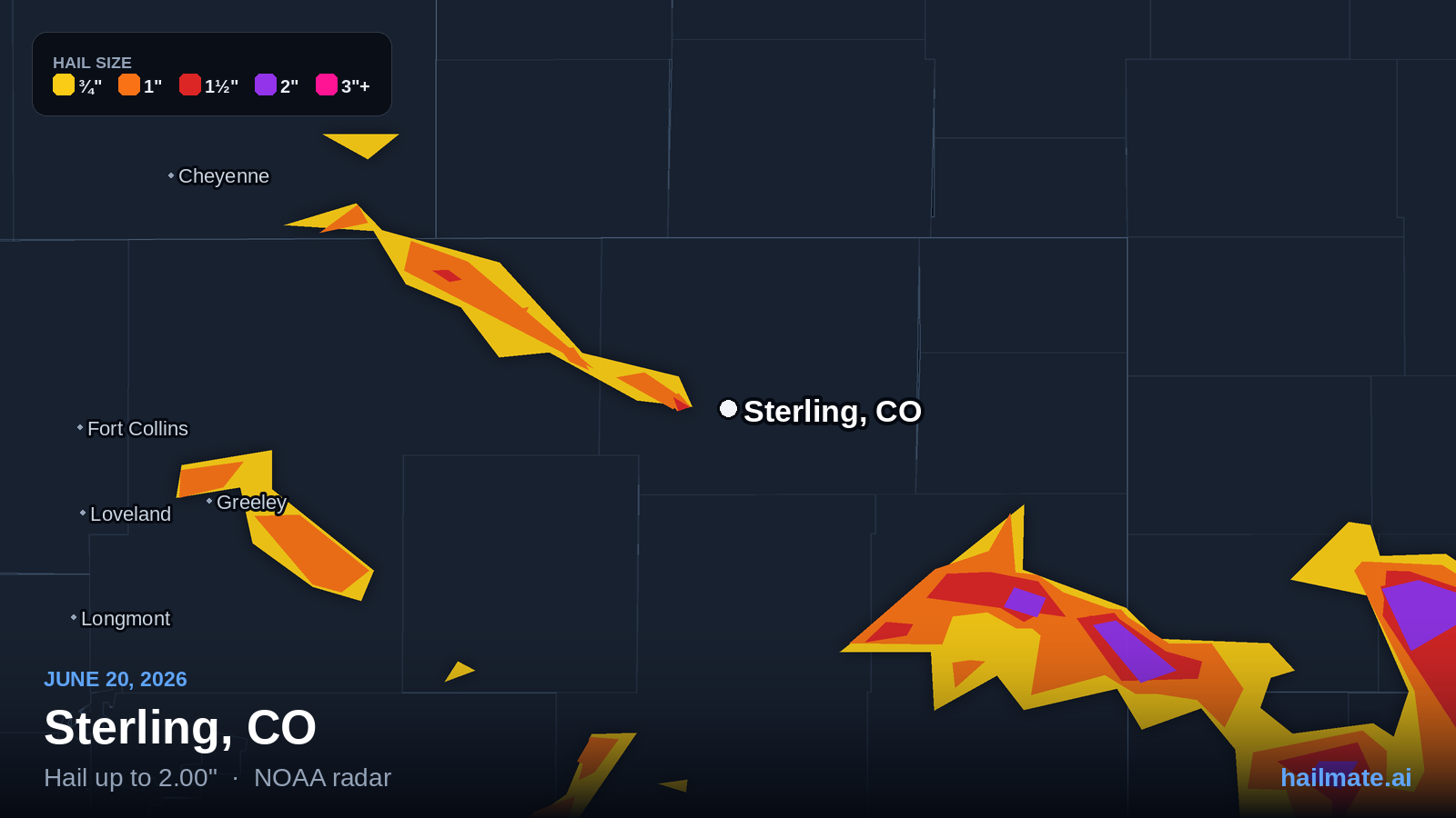 Hail swath map for Sterling, CO on June 20, 2026 showing 2.00 inch hail.