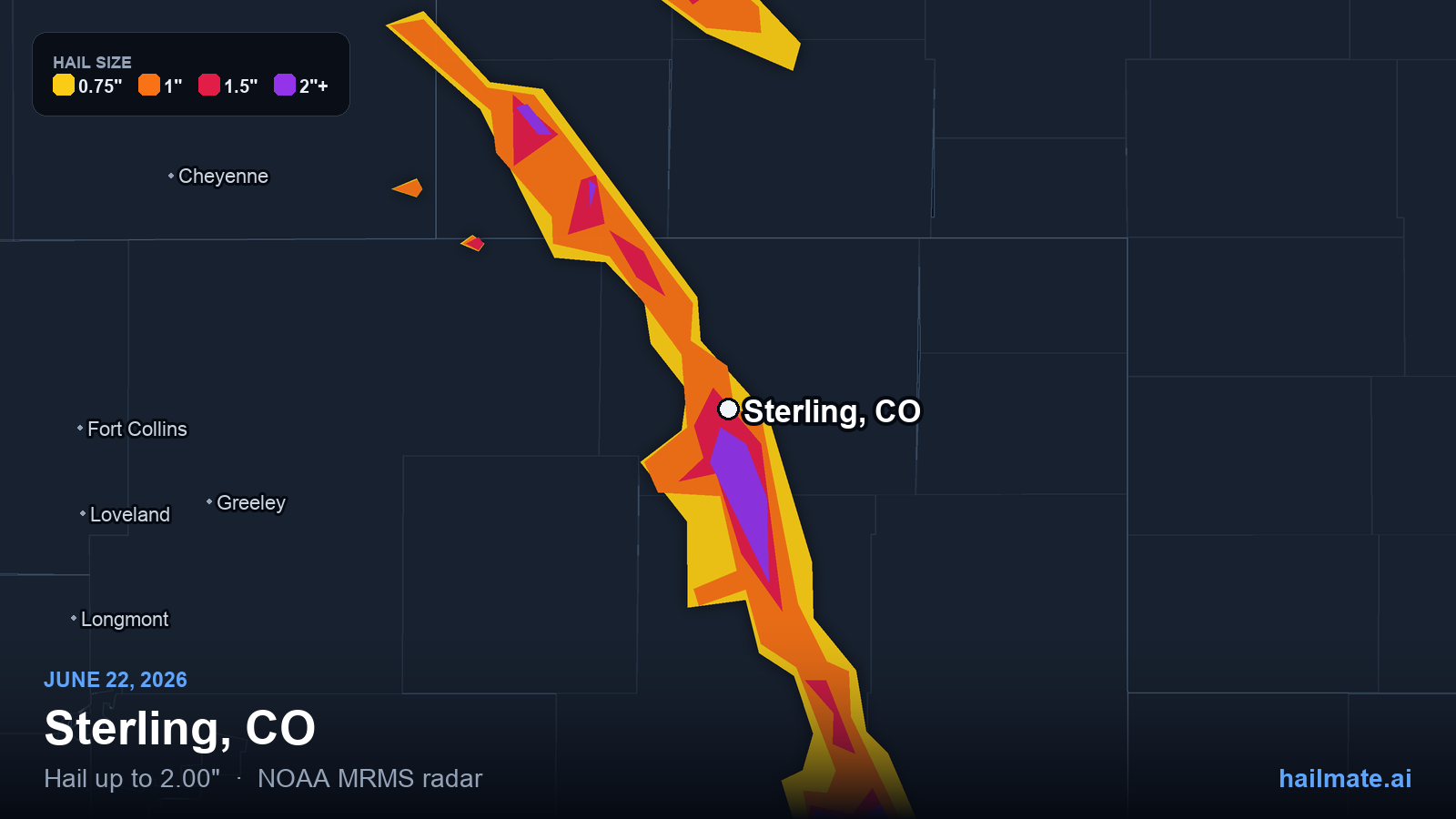 Hail swath map for Sterling, CO on June 22, 2026 showing 2.00 inch hail.