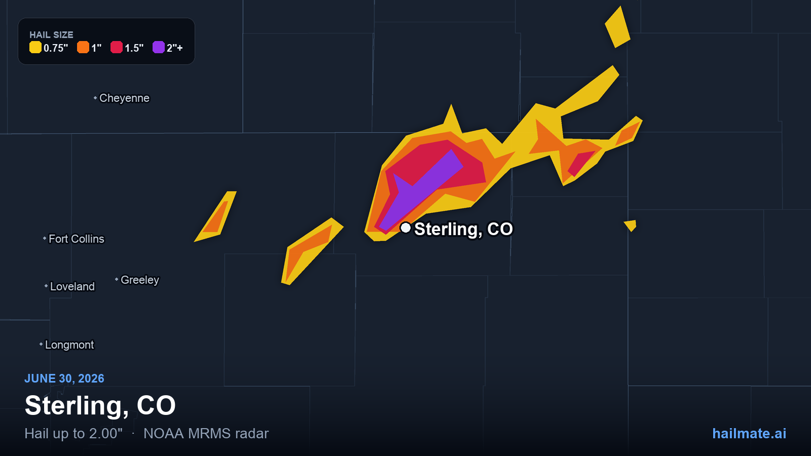 Hail swath map for Sterling, CO on June 30, 2026 showing 2.00 inch hail.