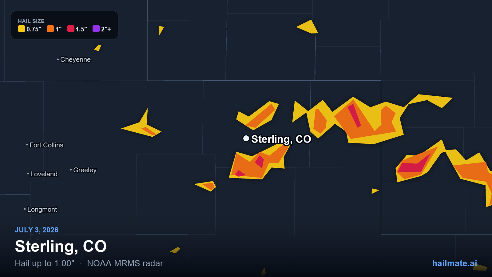 Hail swath map for Sterling, CO on July 3, 2026 showing 1.00 inch hail.