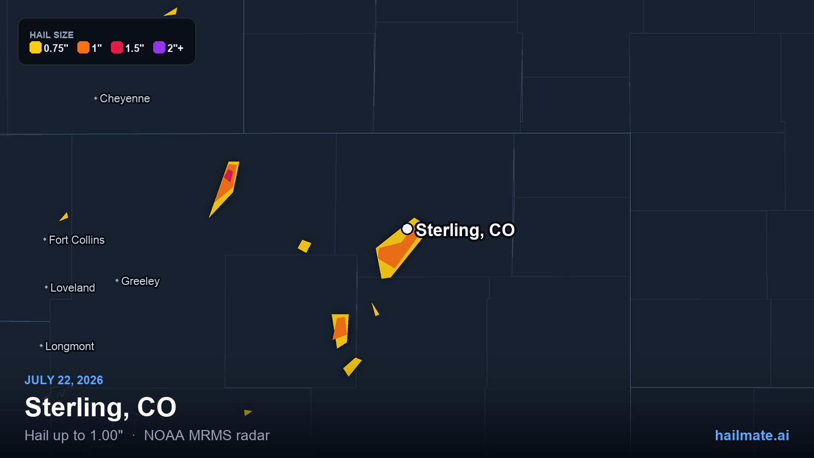Hail swath map for Sterling, CO on July 22, 2026 showing 1.00 inch hail.