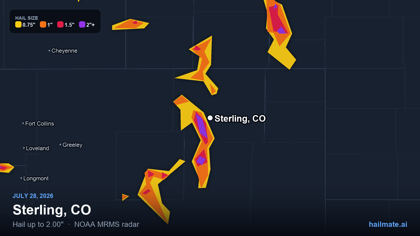 Hail swath map for Sterling, CO on July 28, 2026 showing 2.00 inch hail.