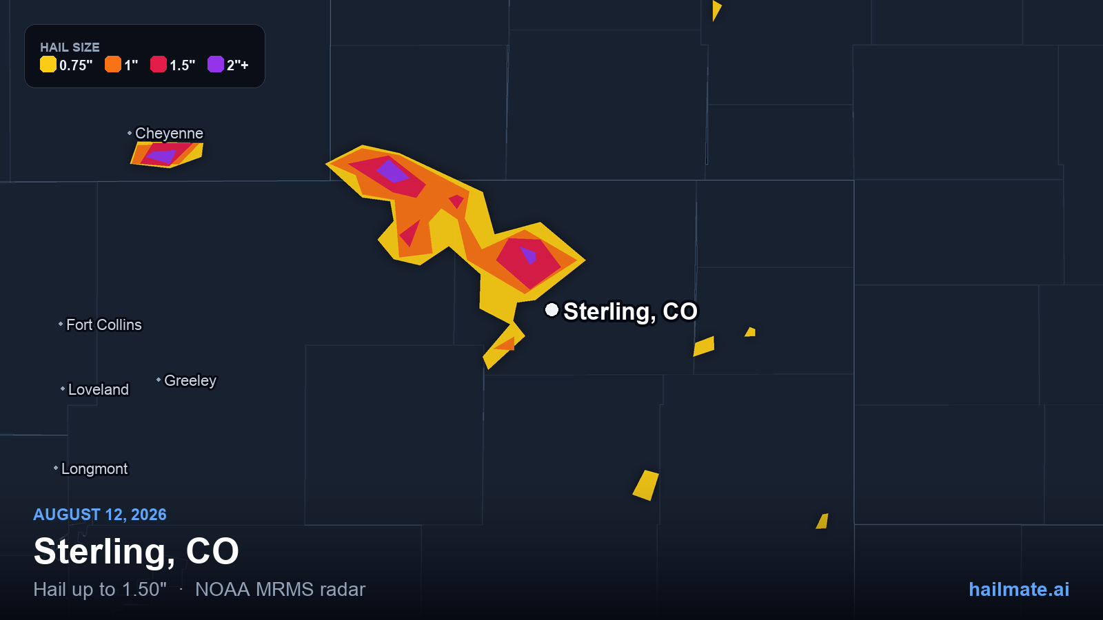 Hail swath map for Sterling, CO on August 12, 2026 showing 1.50 inch hail.
