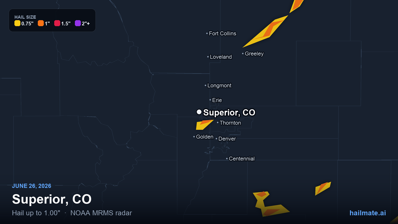 Hail swath map for Superior, CO on June 26, 2026 showing 1.00 inch hail.
