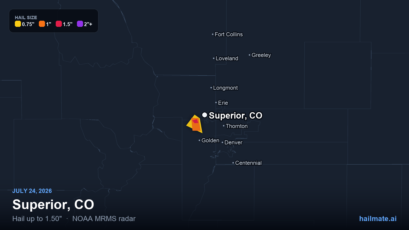 Hail swath map for Superior, CO on July 24, 2026 showing 1.50 inch hail.