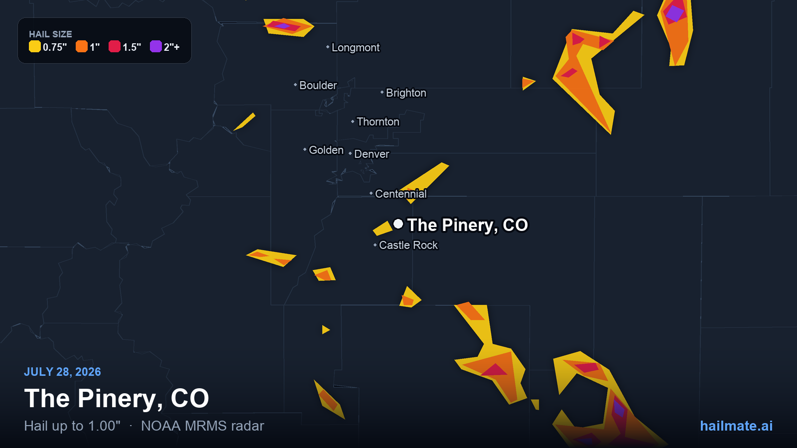 Hail swath map for The Pinery, CO on July 28, 2026 showing 1.00 inch hail.