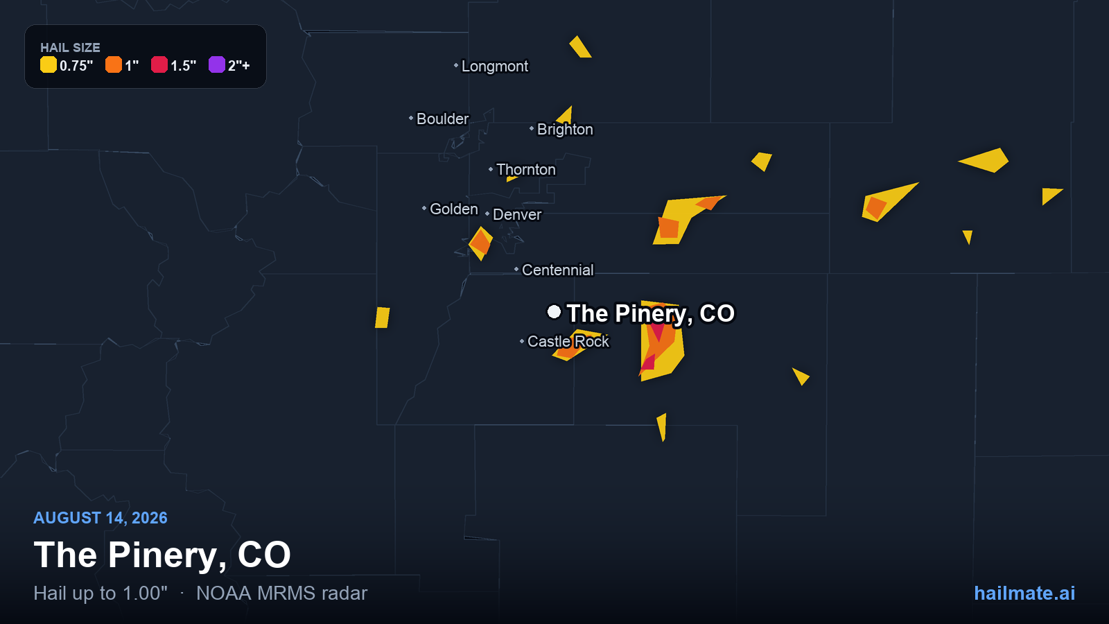 Hail swath map for The Pinery, CO on August 14, 2026 showing 1.00 inch hail.