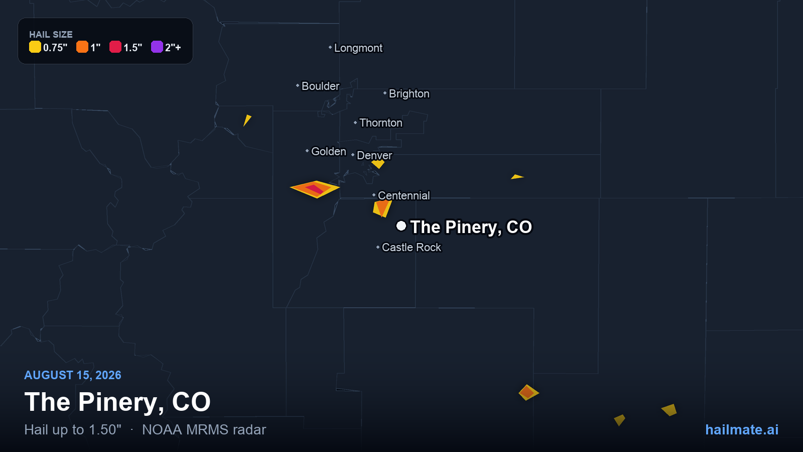 Hail swath map for The Pinery, CO on August 15, 2026 showing 1.50 inch hail.