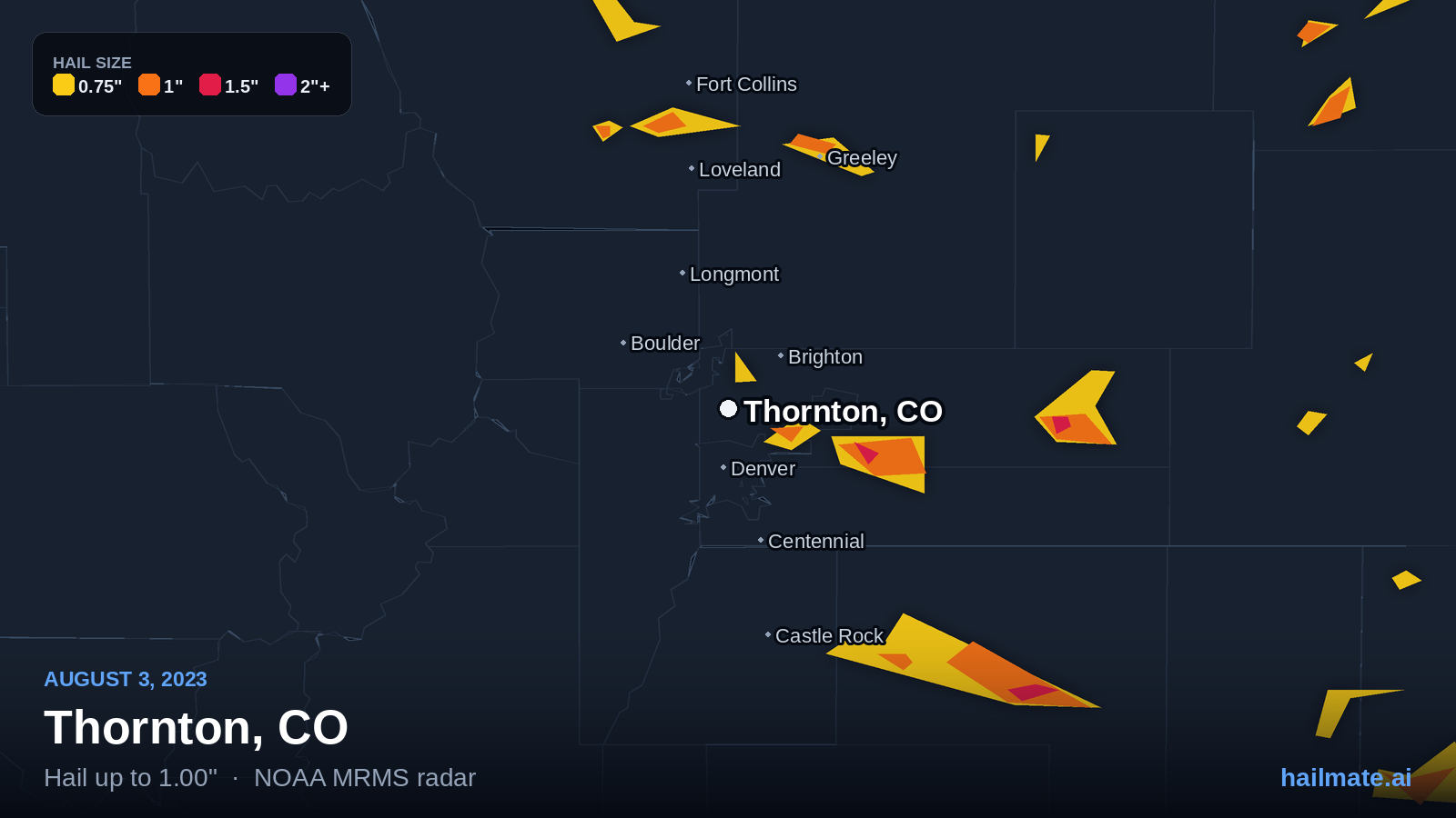 Hail swath map for Thornton, CO on August 3, 2023 showing 1.00 inch hail.