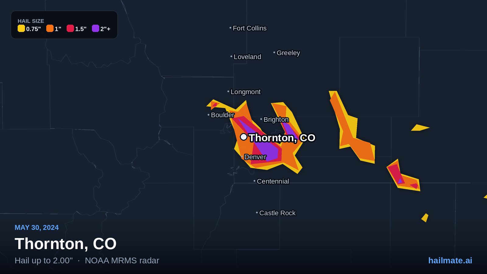 Hail swath map for Thornton, CO on May 30, 2024 showing 2.00 inch hail.