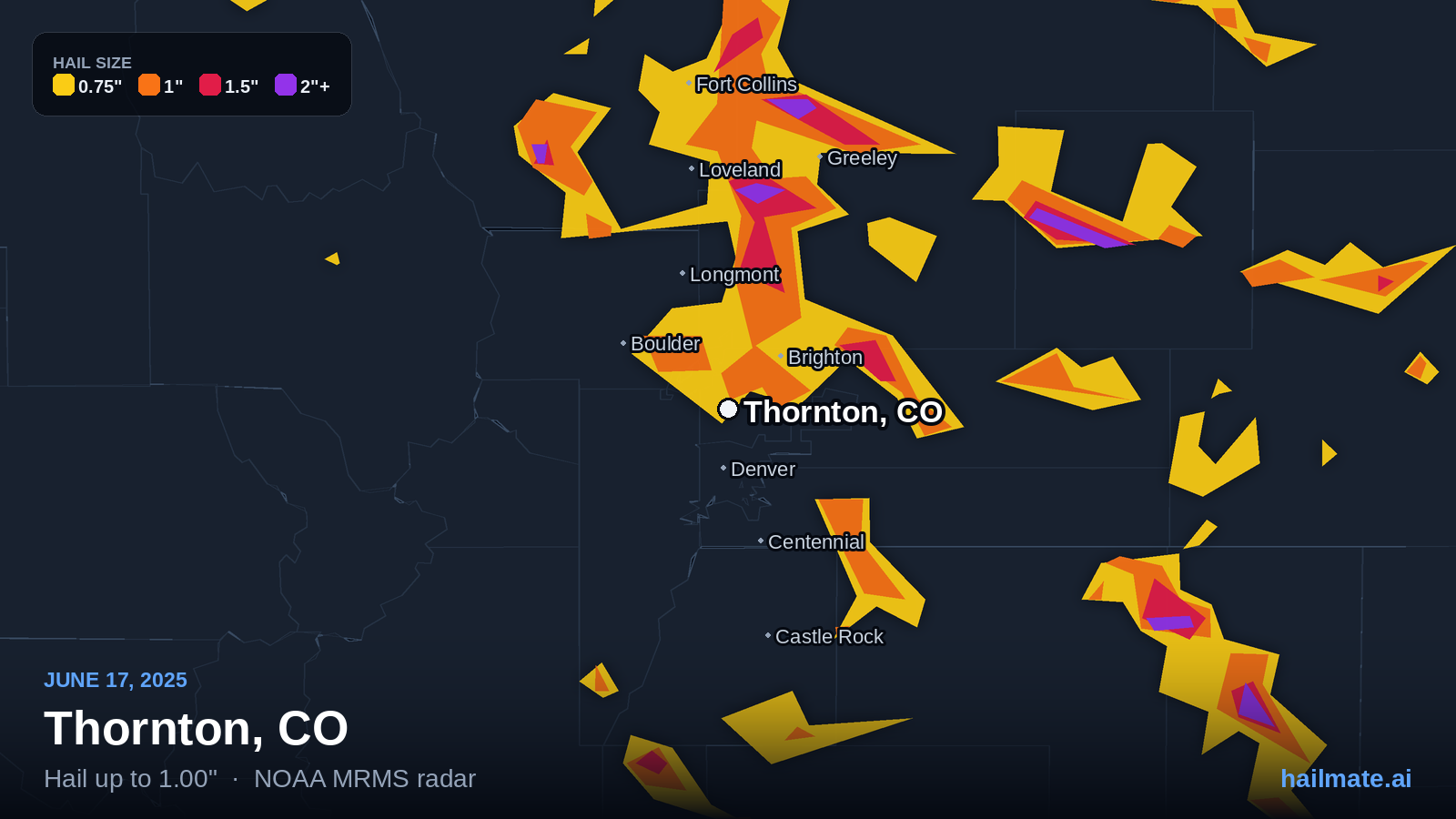Hail swath map for Thornton, CO on June 17, 2025 showing 1.00 inch hail.