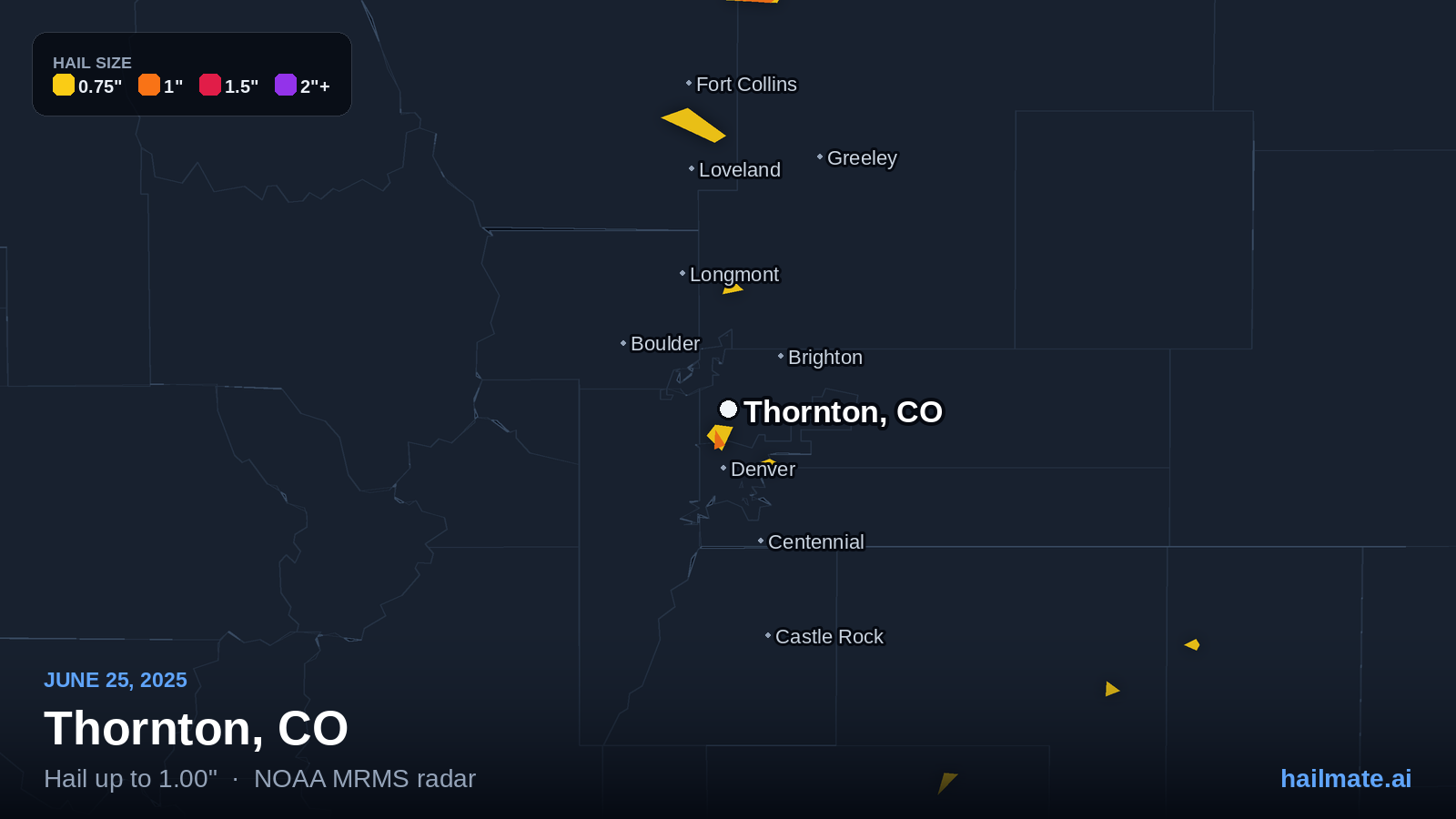 Hail swath map for Thornton, CO on June 25, 2025 showing 1.00 inch hail.
