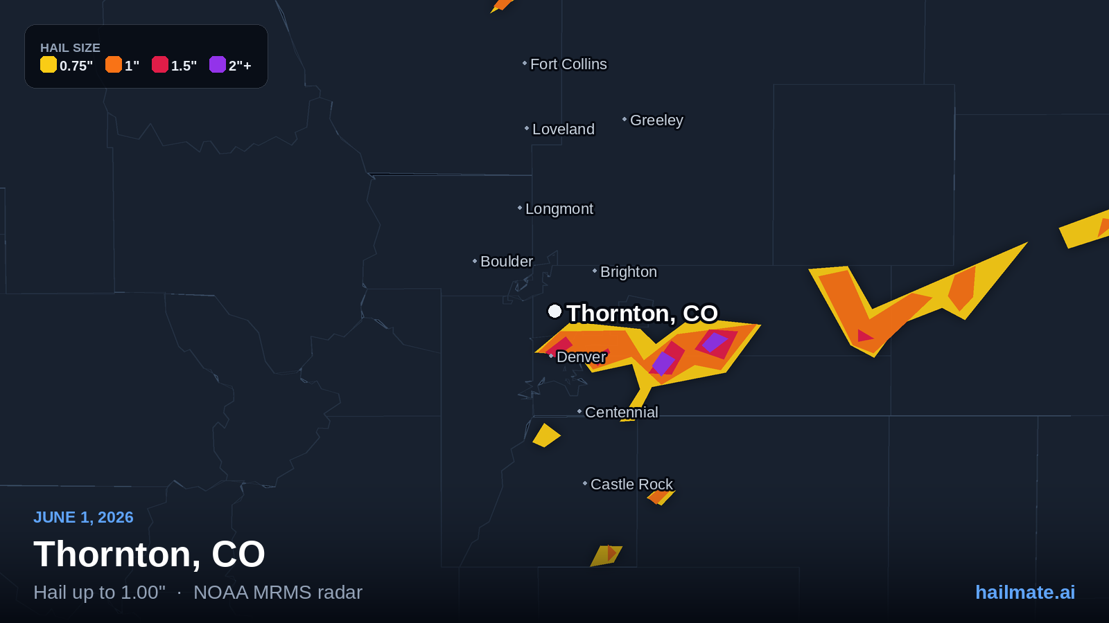 Hail swath map for Thornton, CO on June 1, 2026 showing 1.00 inch hail.