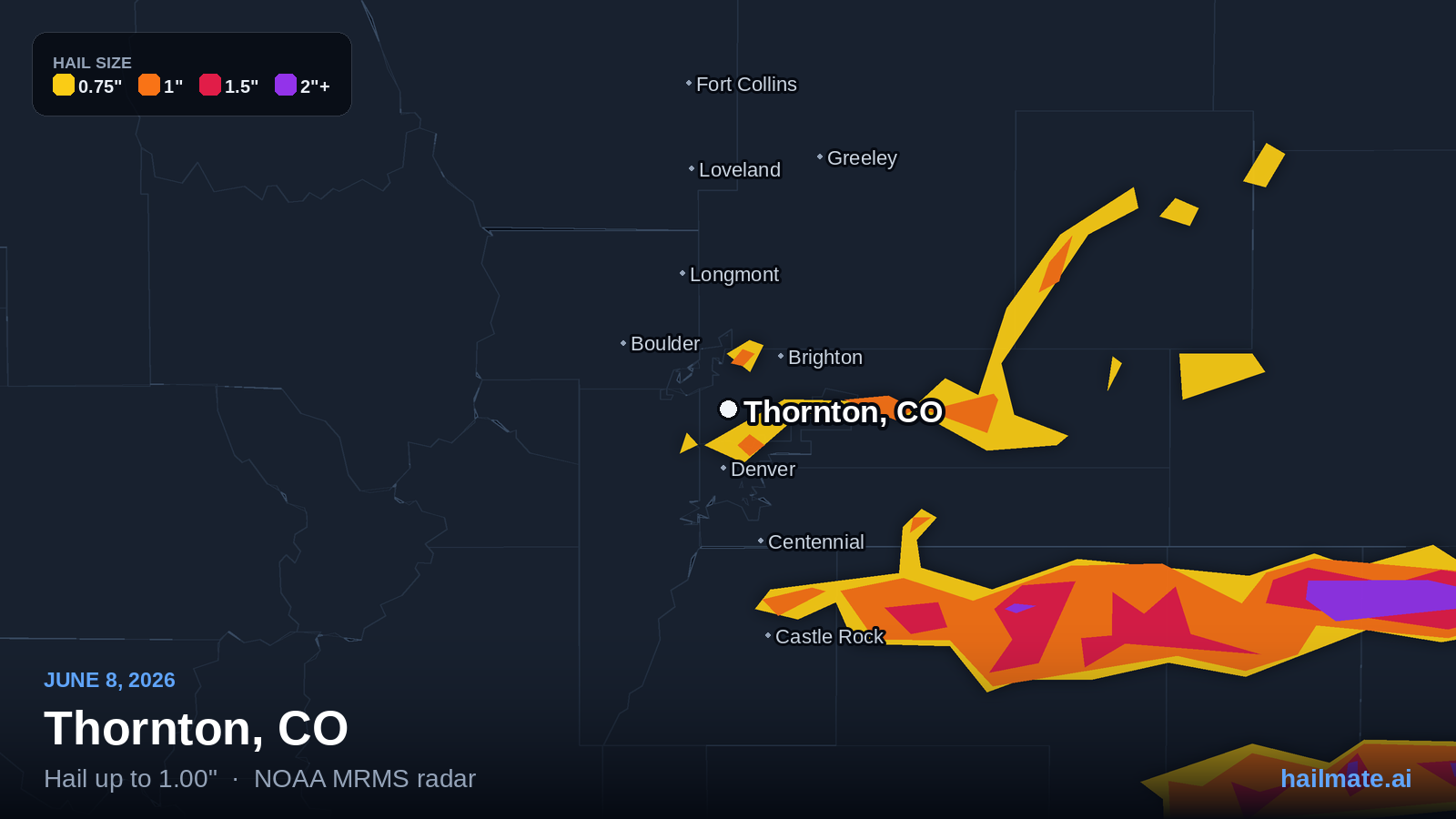 Hail swath map for Thornton, CO on June 8, 2026 showing 1.00 inch hail.