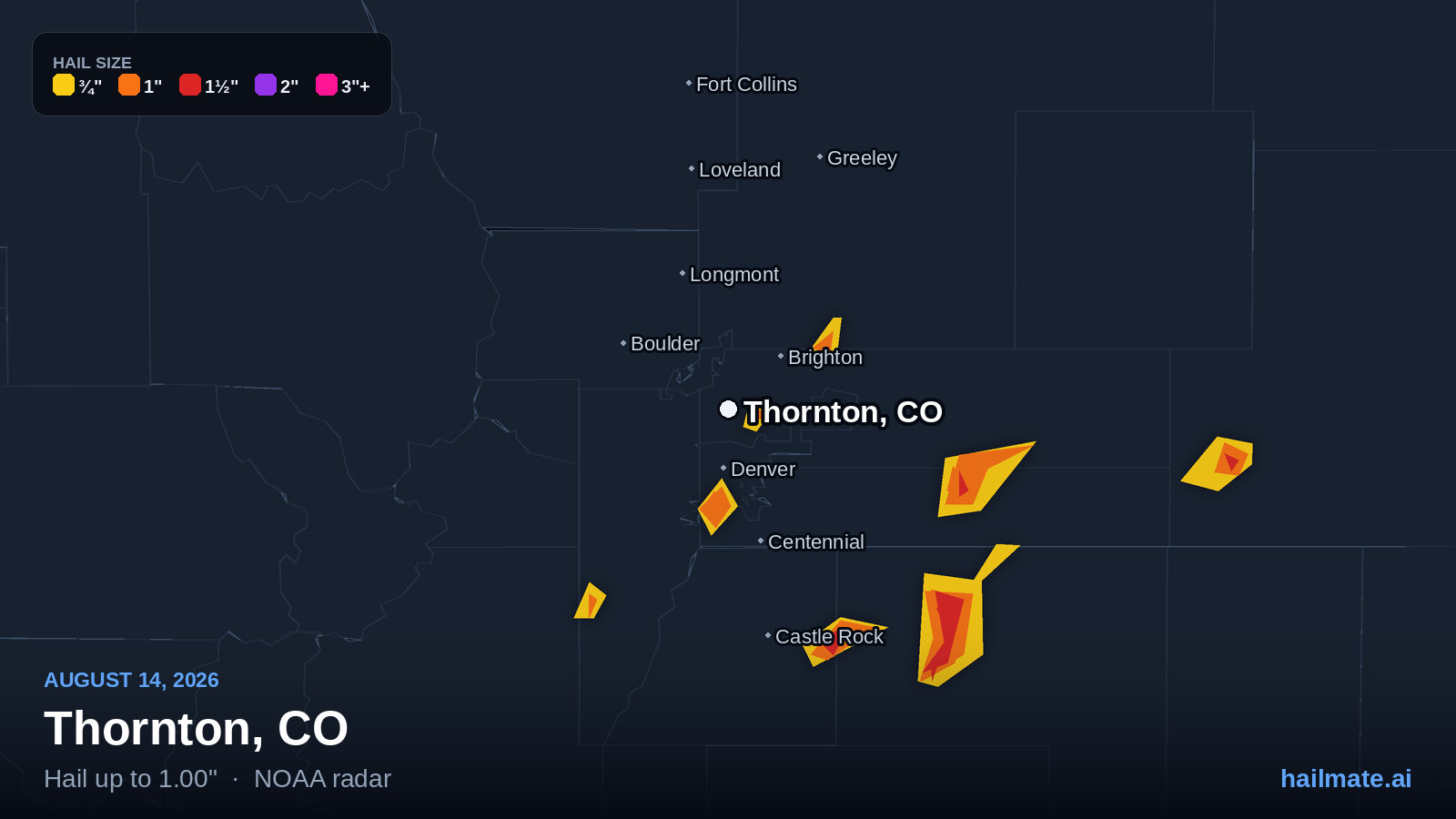 Hail swath map for Thornton, CO on August 14, 2026 showing 1.00 inch hail.