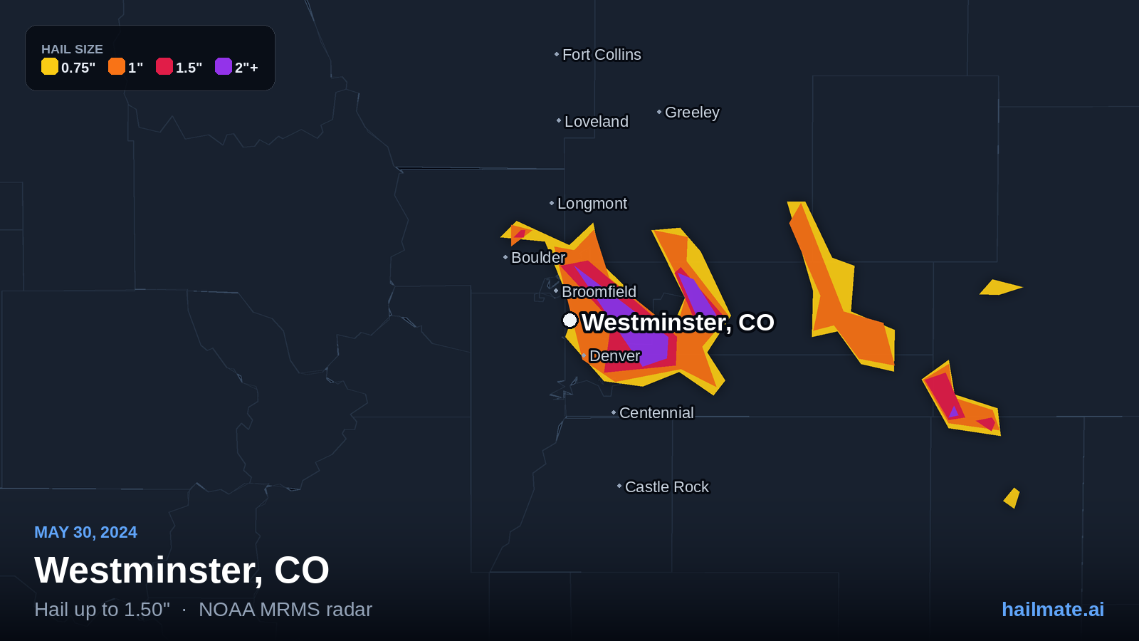 Hail swath map for Westminster, CO on May 30, 2024 showing 1.50 inch hail.