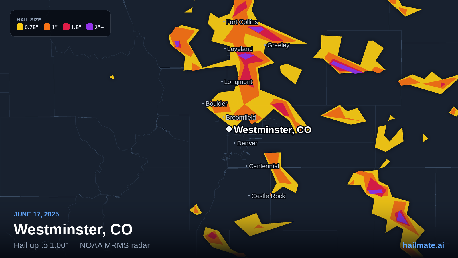 Hail swath map for Westminster, CO on June 17, 2025 showing 1.00 inch hail.