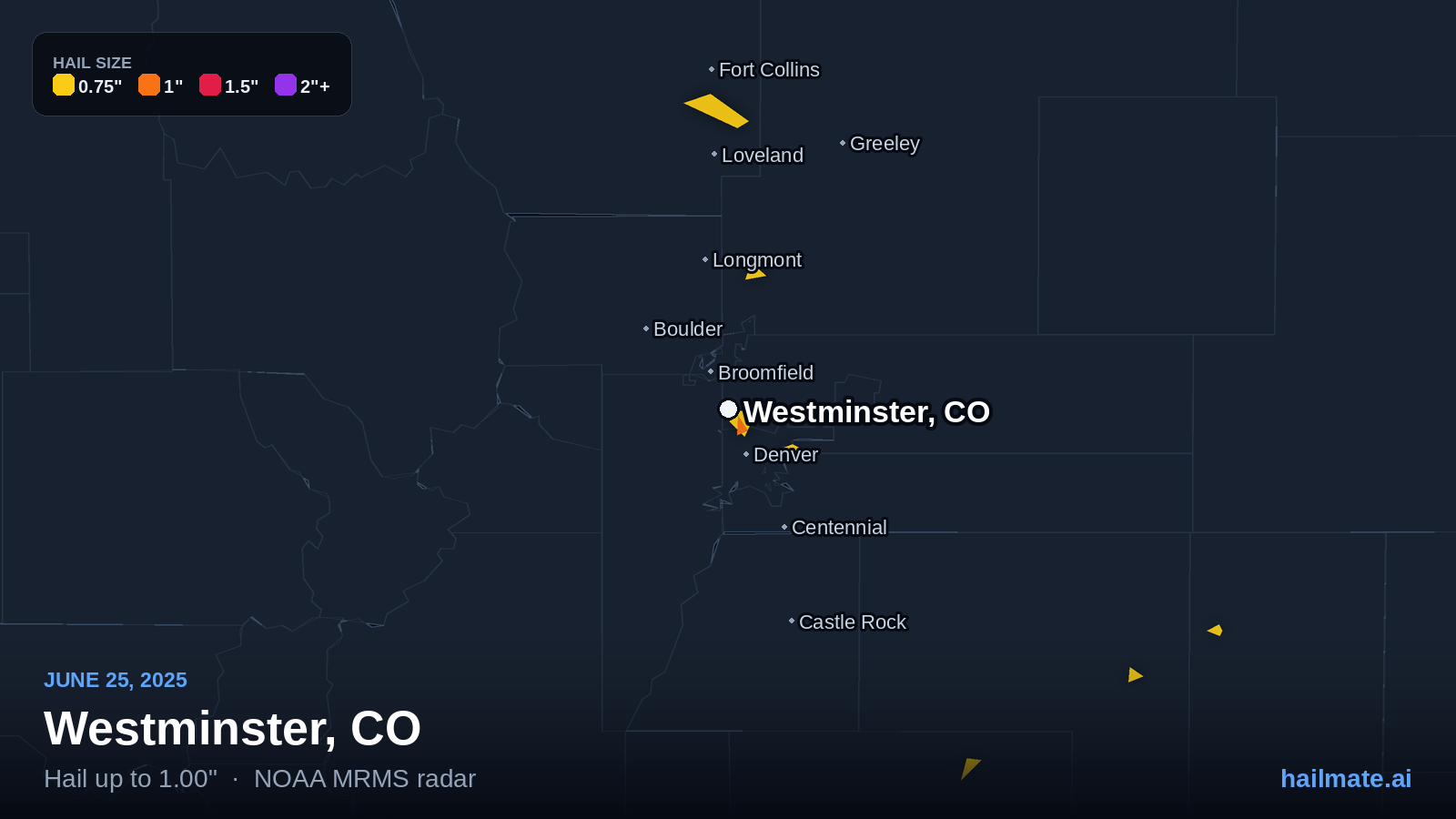 Hail swath map for Westminster, CO on June 25, 2025 showing 1.00 inch hail.