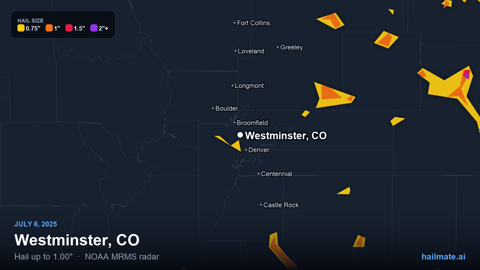 Hail swath map for Westminster, CO on July 6, 2025 showing 1.00 inch hail.