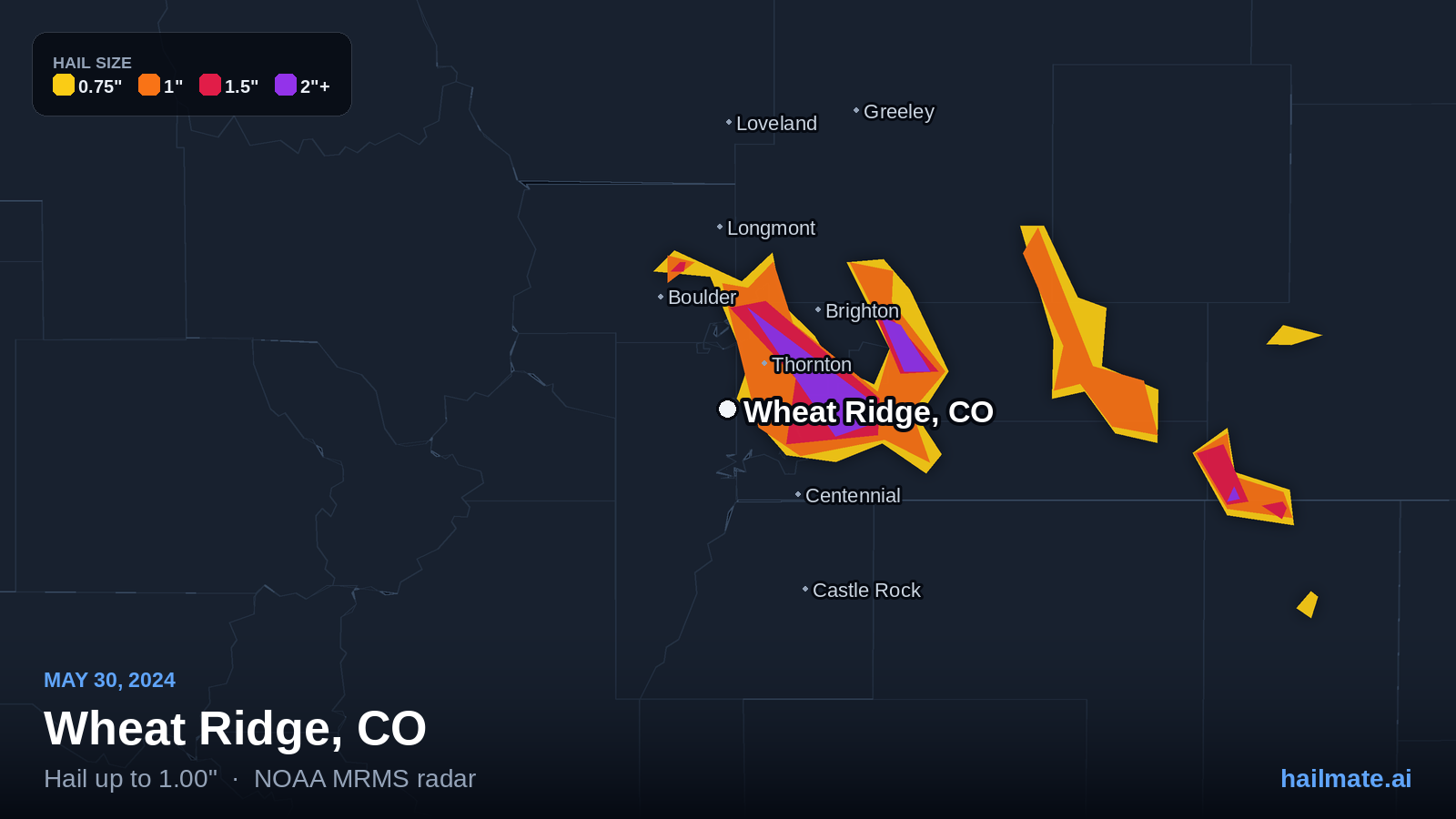 Hail swath map for Wheat Ridge, CO on May 30, 2024 showing 1.00 inch hail.