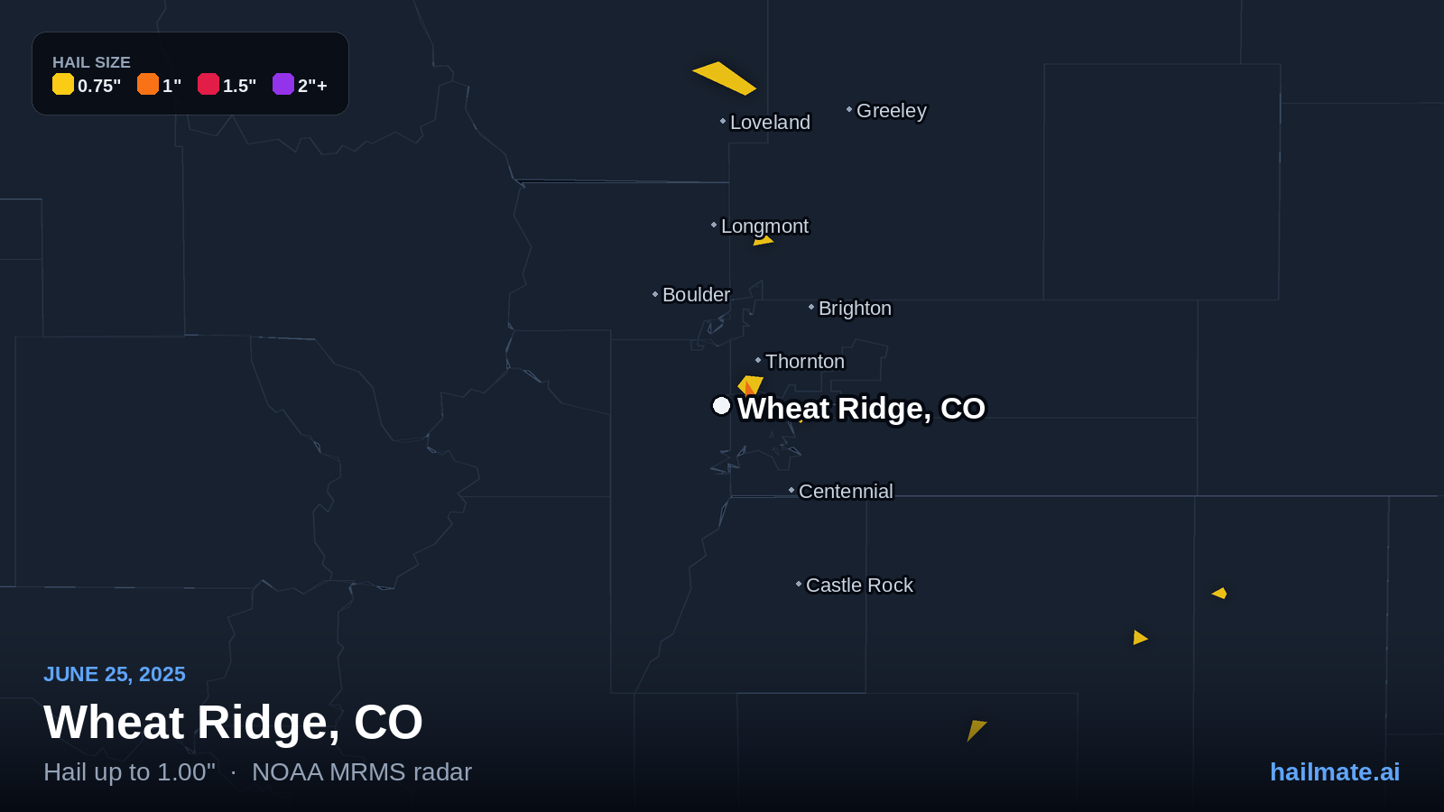 Hail swath map for Wheat Ridge, CO on June 25, 2025 showing 1.00 inch hail.