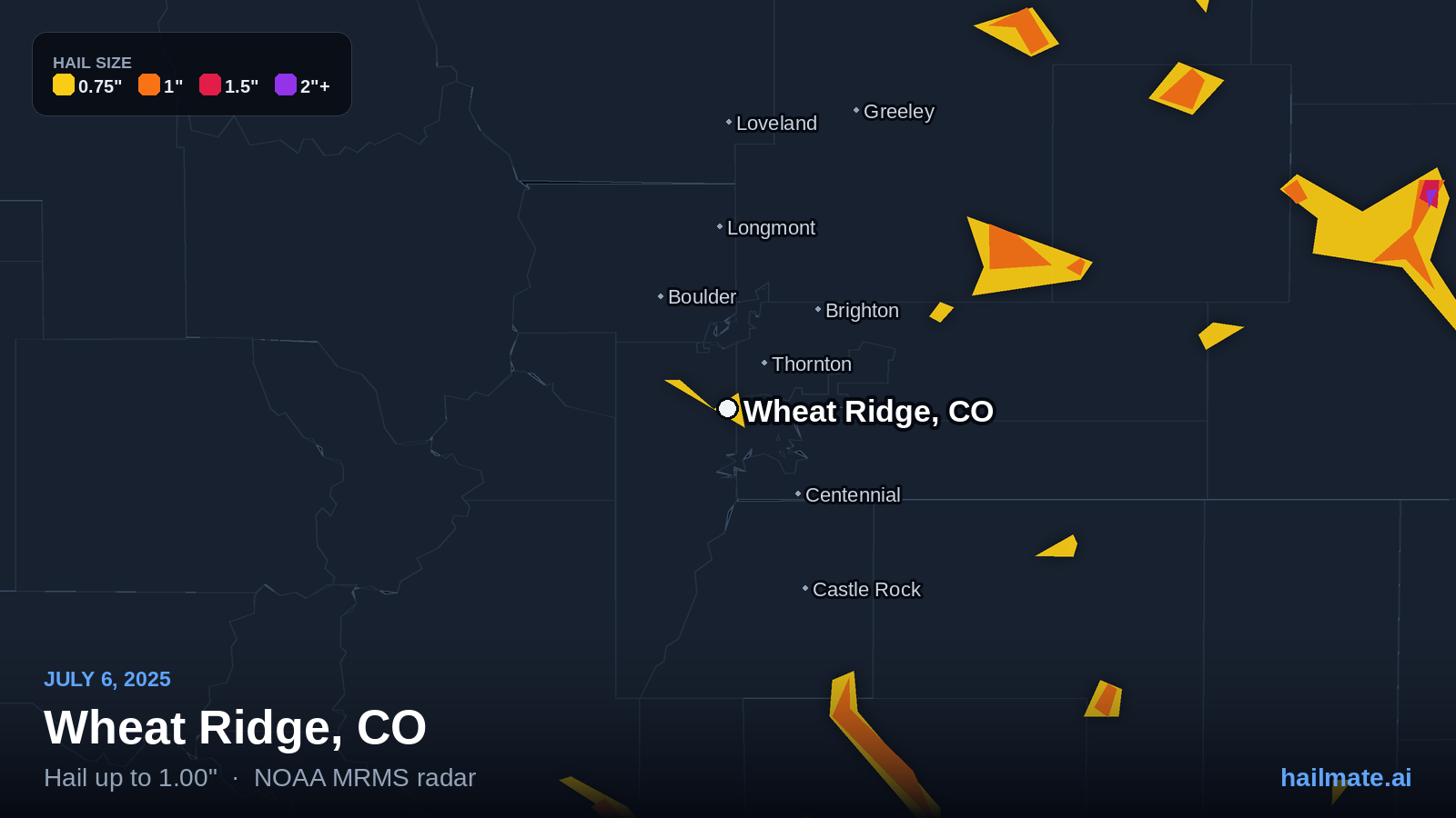 Hail swath map for Wheat Ridge, CO on July 6, 2025 showing 1.00 inch hail.