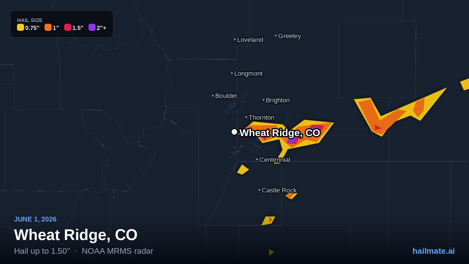 Hail swath map for Wheat Ridge, CO on June 1, 2026 showing 1.50 inch hail.