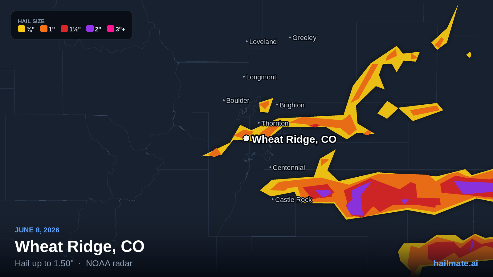 Hail swath map for Wheat Ridge, CO on June 8, 2026 showing 1.50 inch hail.