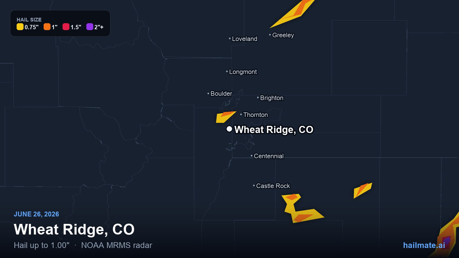 Hail swath map for Wheat Ridge, CO on June 26, 2026 showing 1.00 inch hail.