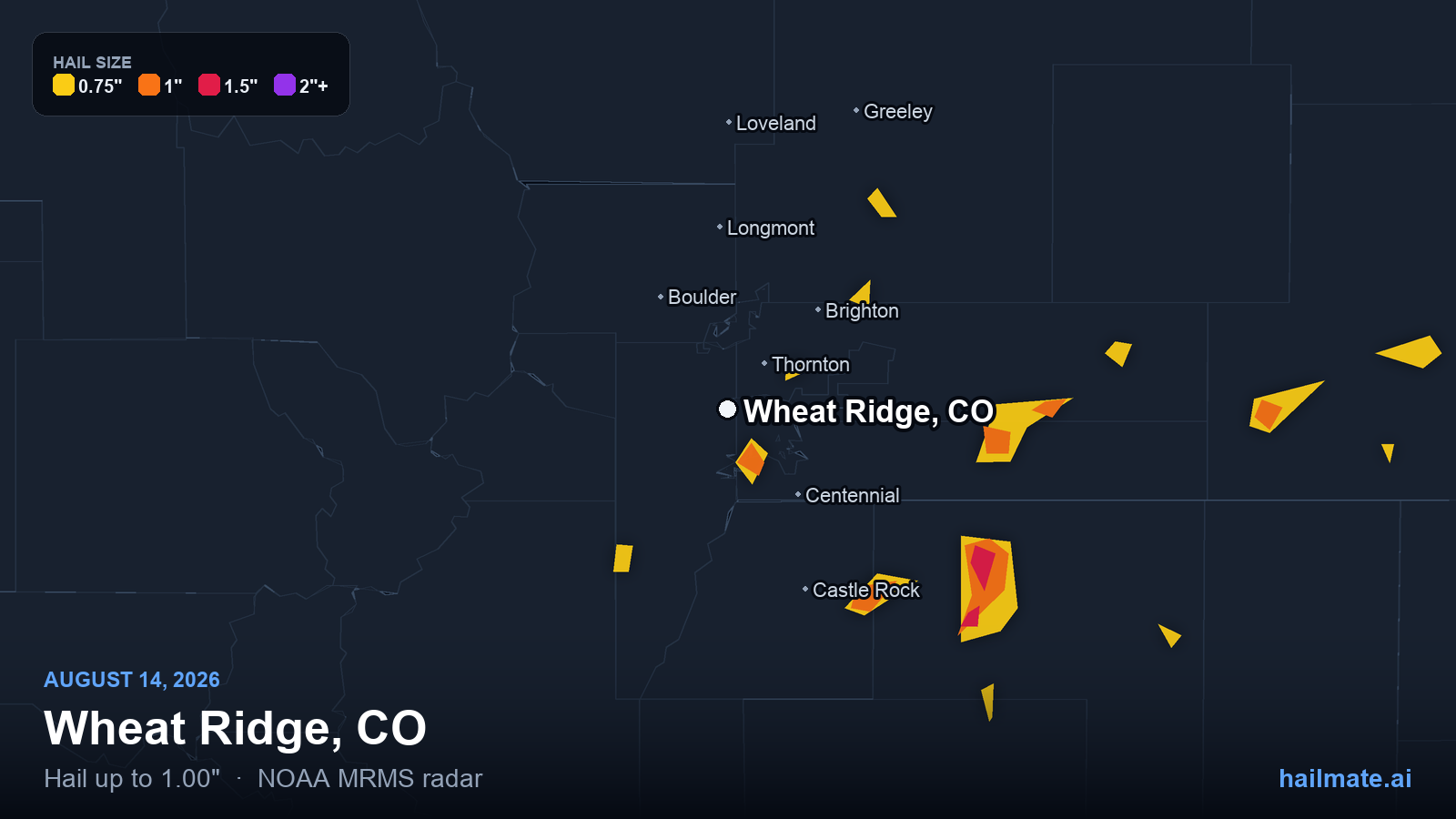Hail swath map for Wheat Ridge, CO on August 14, 2026 showing 1.00 inch hail.