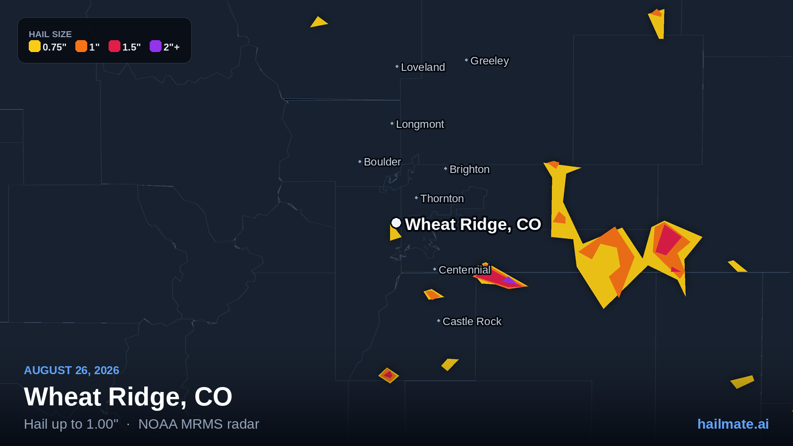 Hail swath map for Wheat Ridge, CO on August 26, 2026 showing 1.00 inch hail.